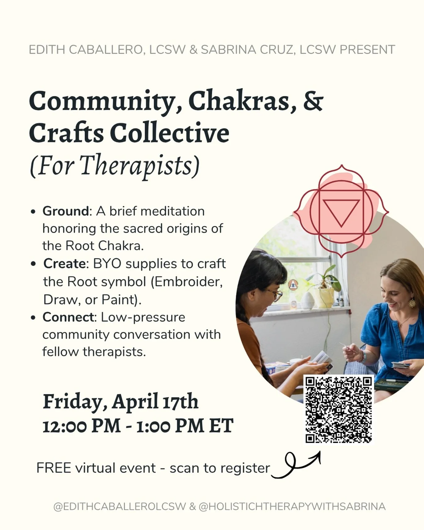 This is a dedicated hour for clinicians to step out of the &ldquo;therapist chair&rdquo; and into a space of personal grounding. We are focusing on Muladhara (the Root Chakra), the foundation of our security, survival, and belonging. ❤️

🌱 Settle In