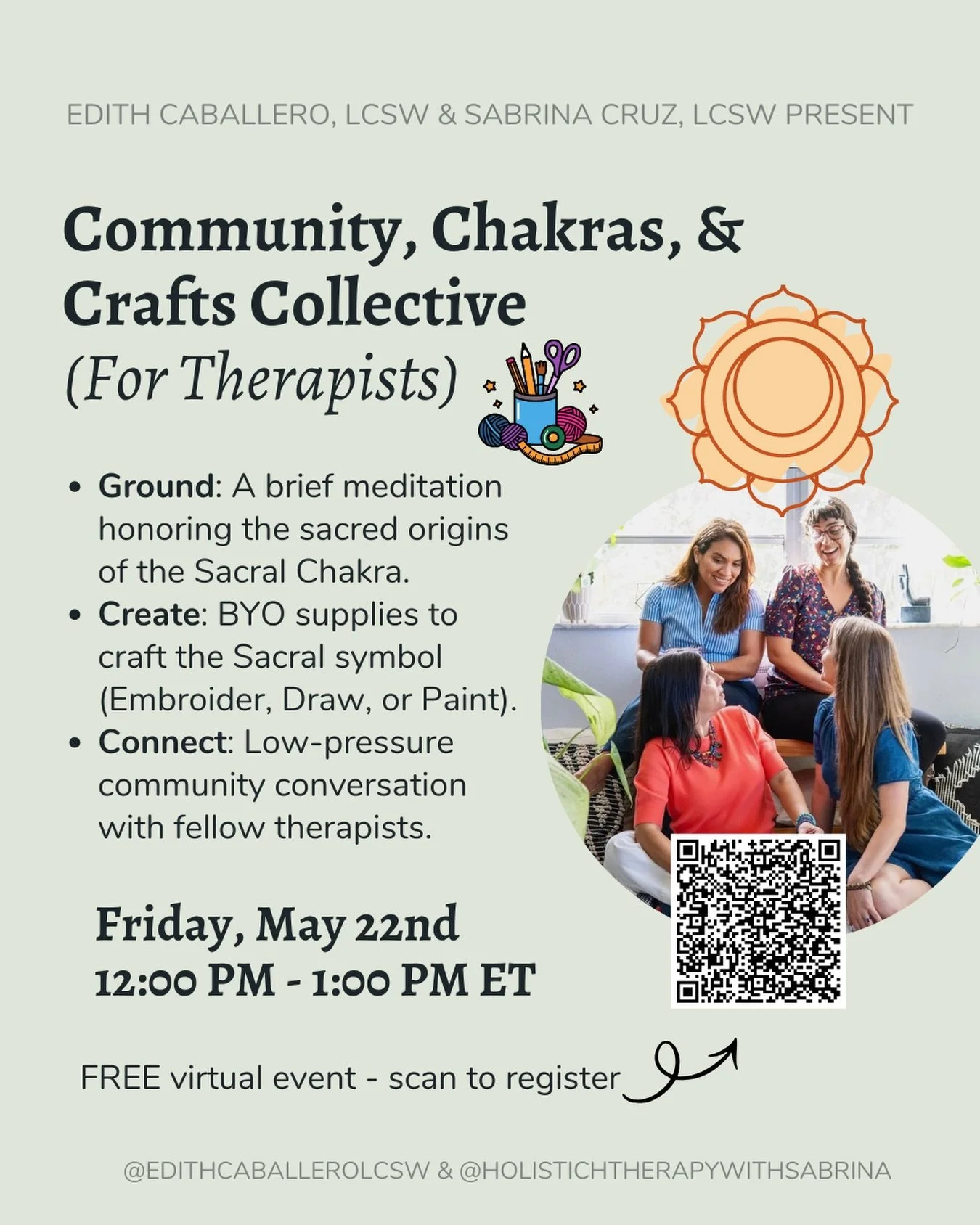 This is a dedicated hour for clinicians to step out of the &ldquo;therapist chair&rdquo; and into a space of creative flow. We are focusing on Svadhishthana (the Sacral Chakra)the center of our emotions, pleasure, and adaptability.

🌬️Settle In: We&