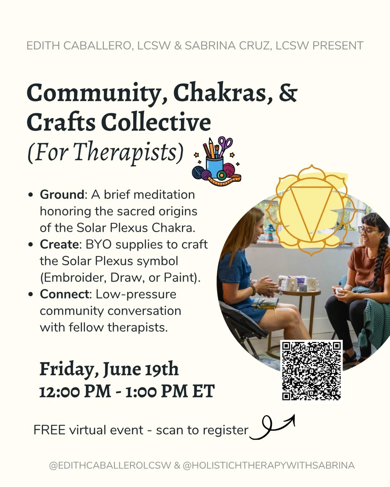 This is a dedicated hour for clinicians to step out of the &ldquo;therapist chair&rdquo; and into a space of personal empowerment. We are focusing on Manipura (the Solar Plexus Chakra) the center of our willpower, self-esteem, and inner fire. 💛

🌬️