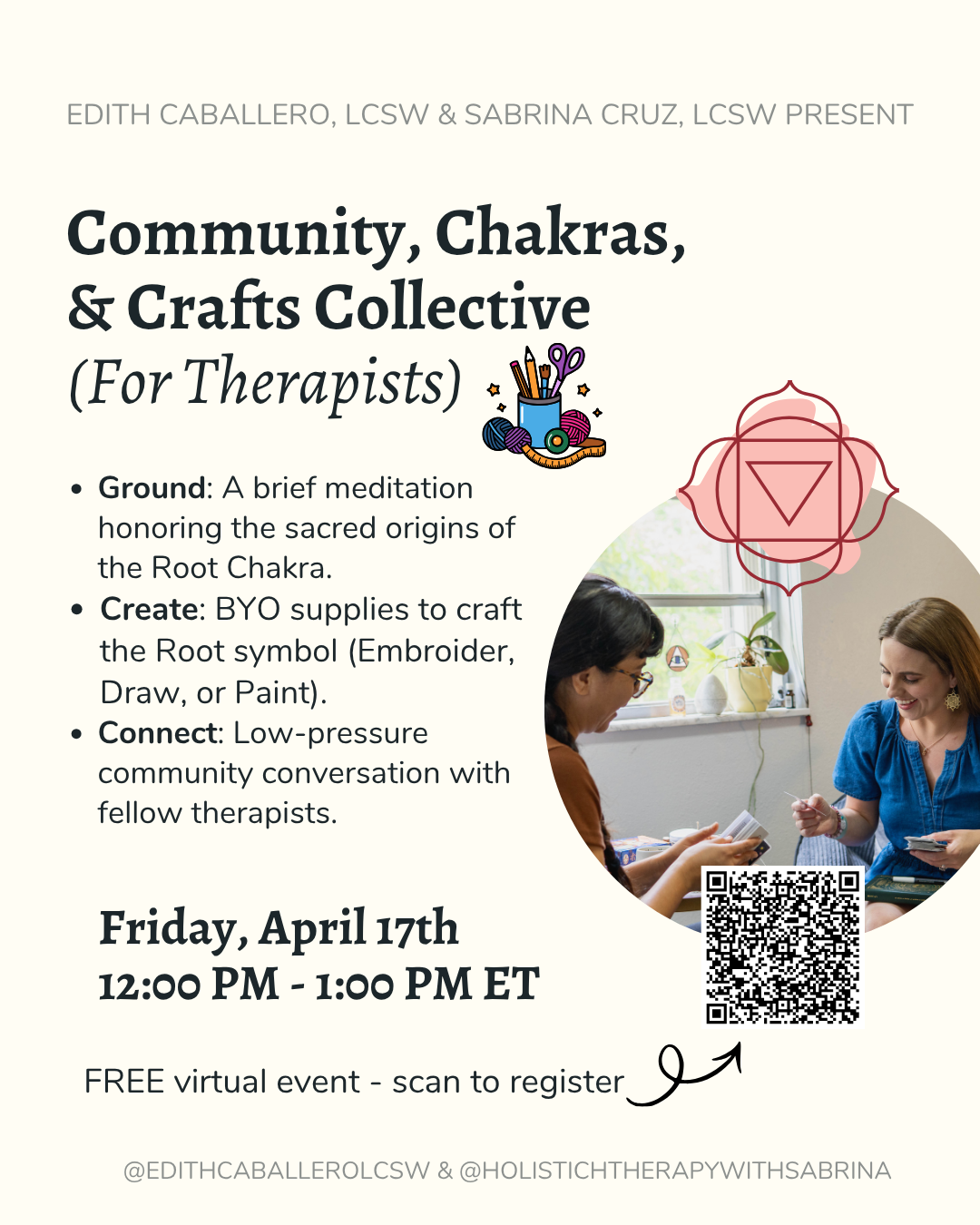 Root Chakra ❤️ 4/17 @ 12 PM Eastern - Community, Chakras, & Crafts Collective (For Therapists)