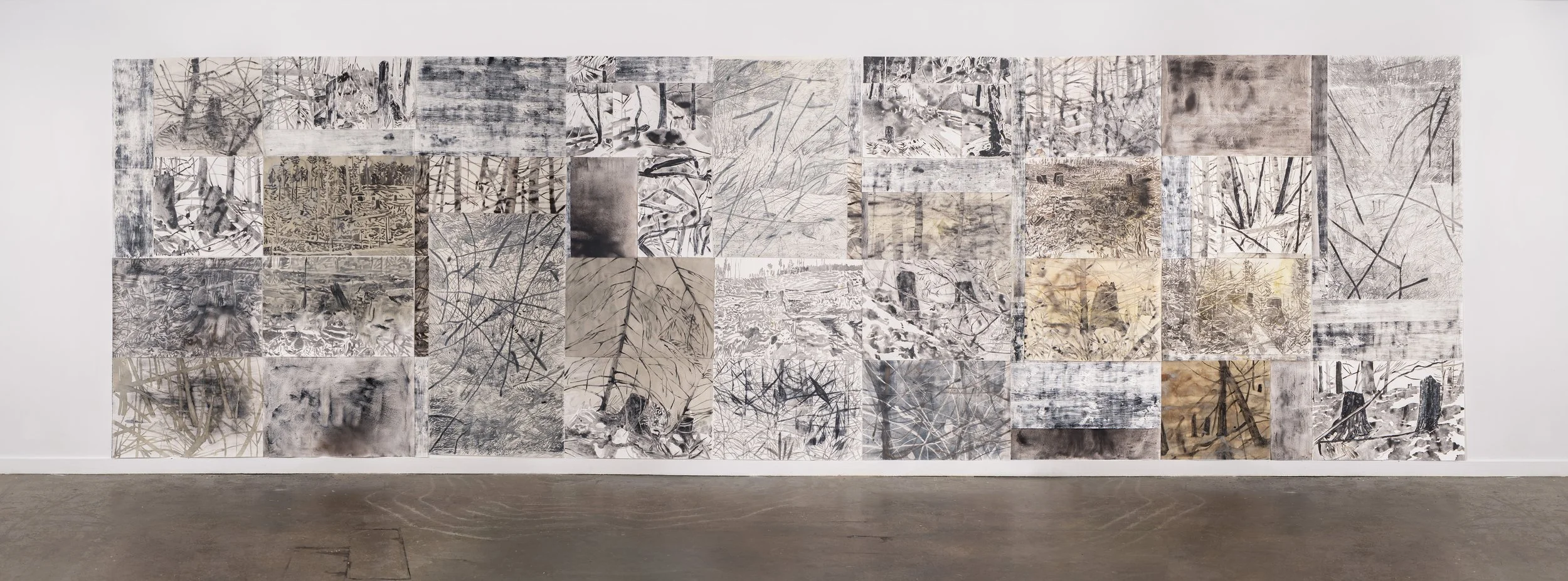 "How Light and Soil Are in Us (swamp and slope), 2025, by Genevieve Robertson — large-scale drawing on paper made with ink from charcoal, willow, fireweed and elderberry collected at Monument Creek Wildfire on Sinixt Territory, BC"