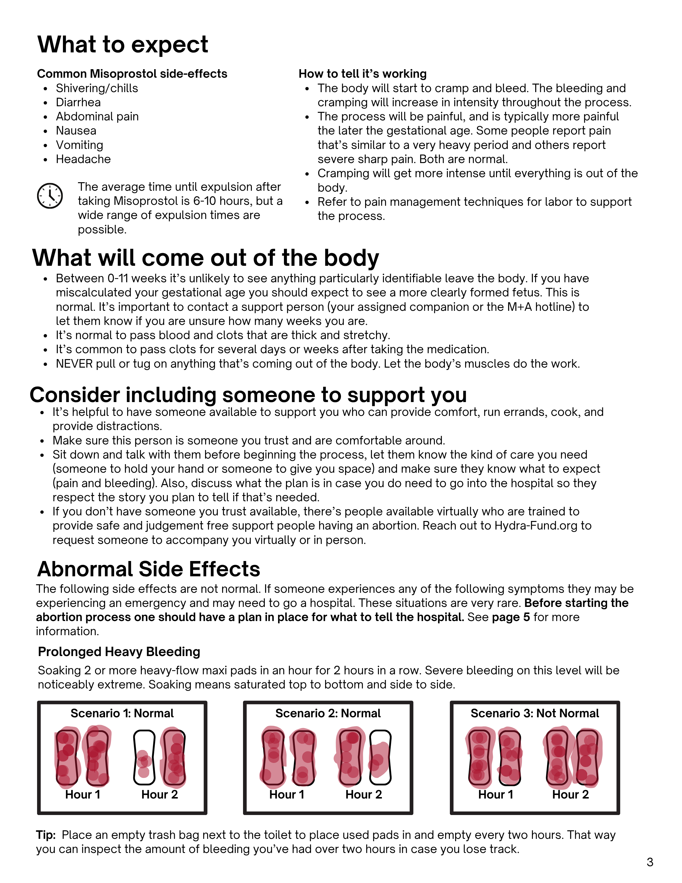 Guide on what to expect, side effects, and management of miscarriage, including symptoms like shivering, diarrhea, and abdominal pain; details on bodily changes post-miscarriage; advice on support and care; and instructions on monitoring heavy bleeding with example diagrams of blood pads over time.