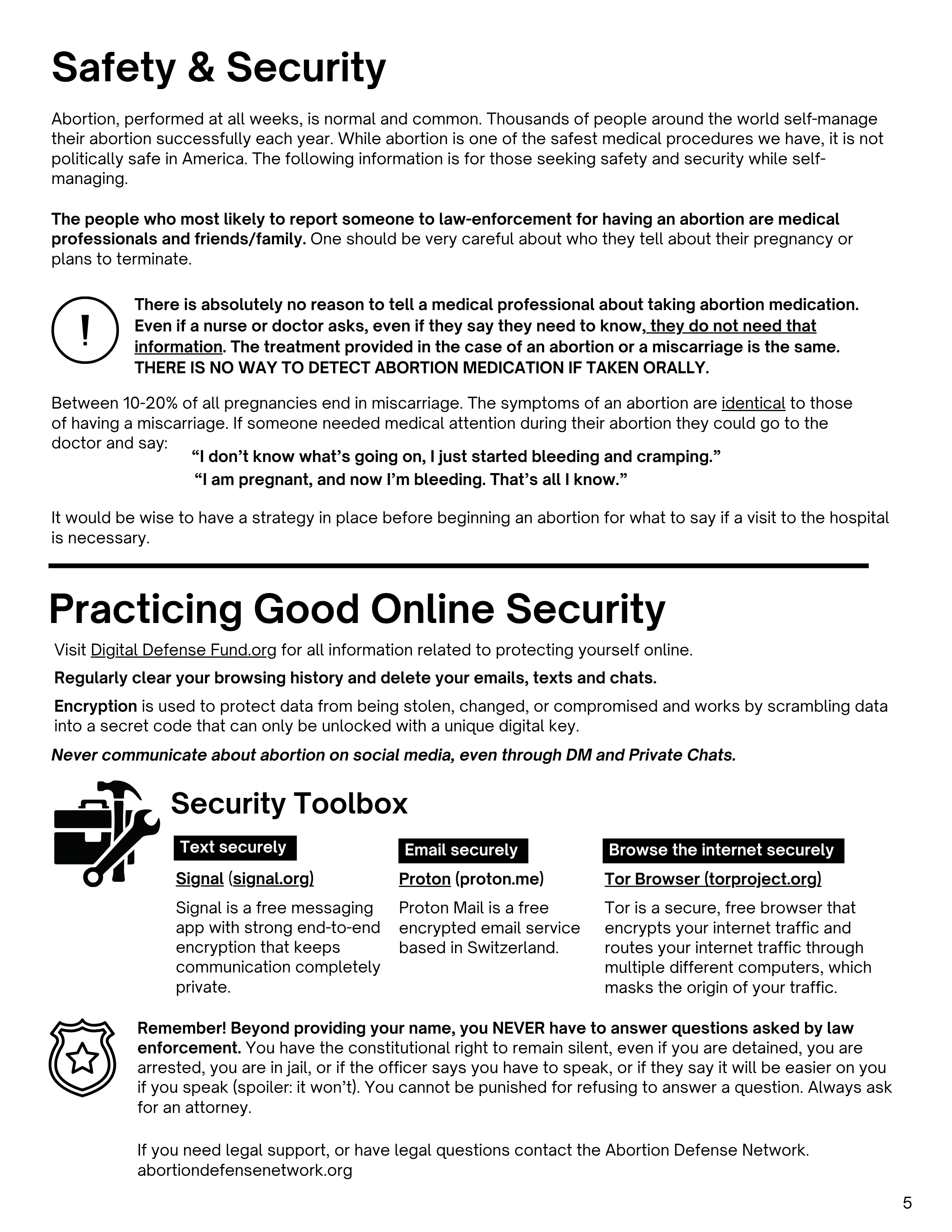 Information about safety, security, and online security practices related to abortion and protecting personal information.