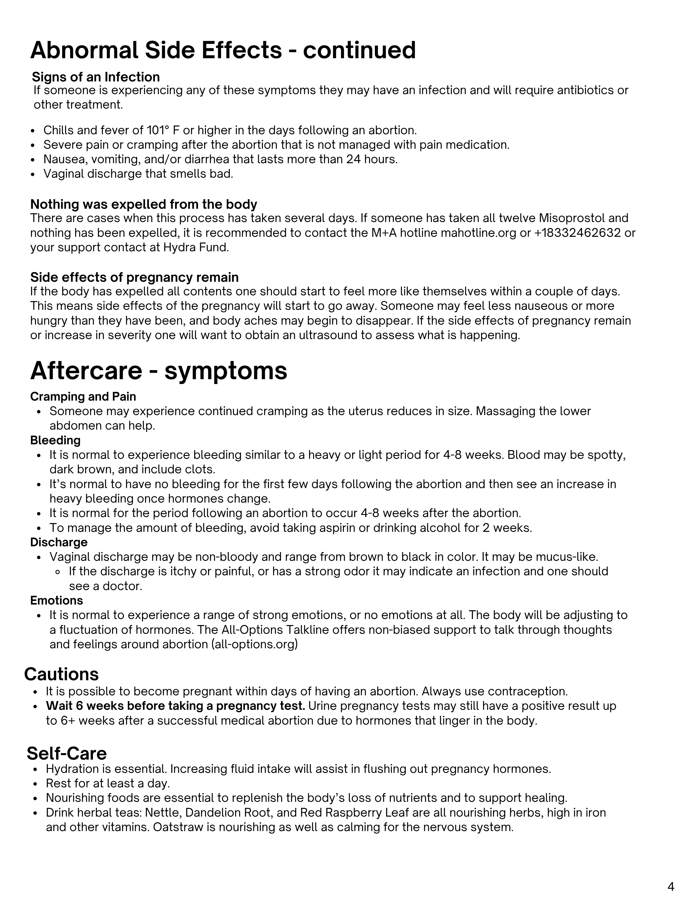 Text document titled 'Abnormal Side Effects - continued' with information about signs of infection, effects of pregnancy, aftercare symptoms, and self-care tips related to abortion or pregnancy.