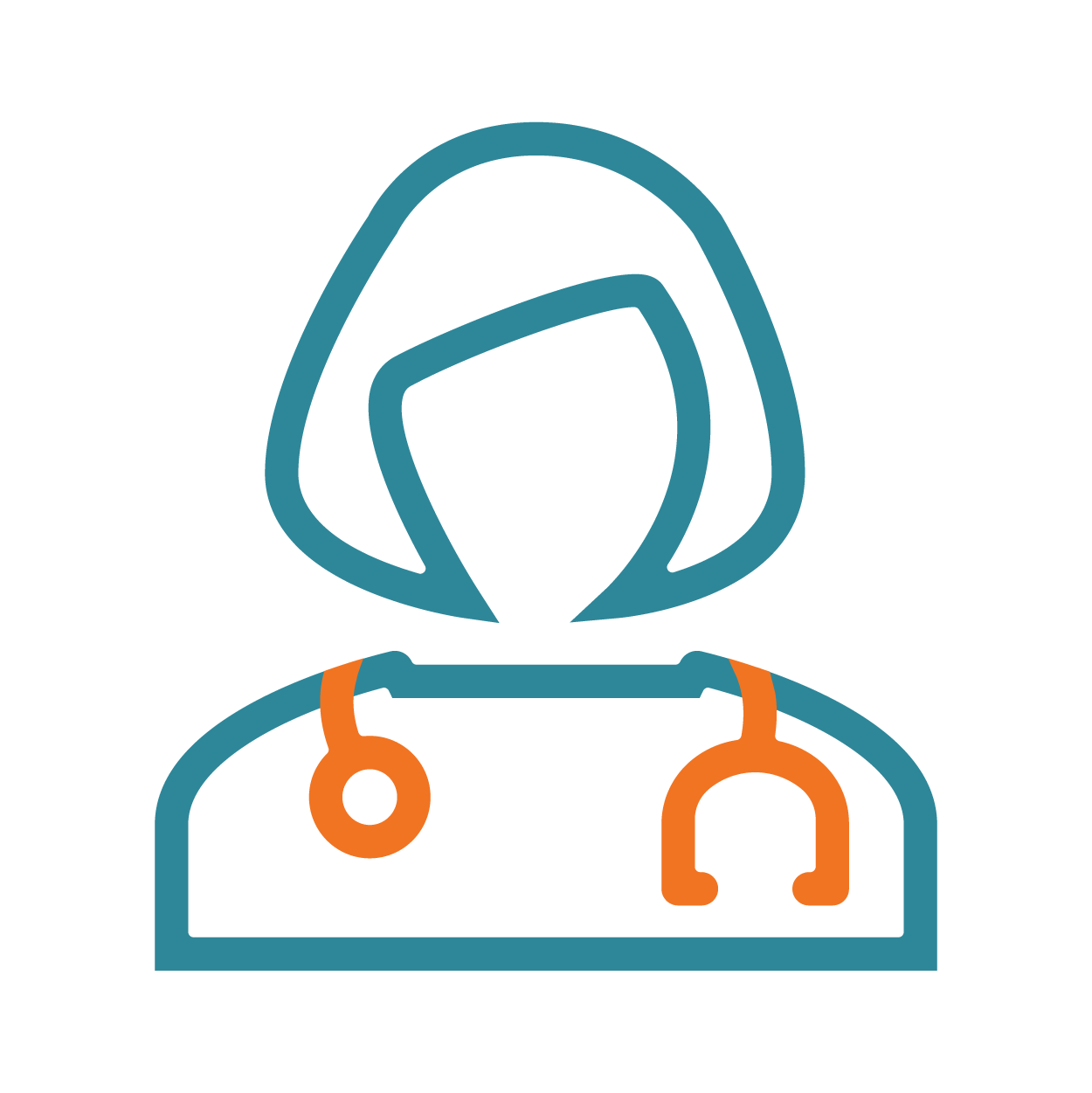 Line drawing of a healthcare worker wearing a hood and a stethoscope around their neck.