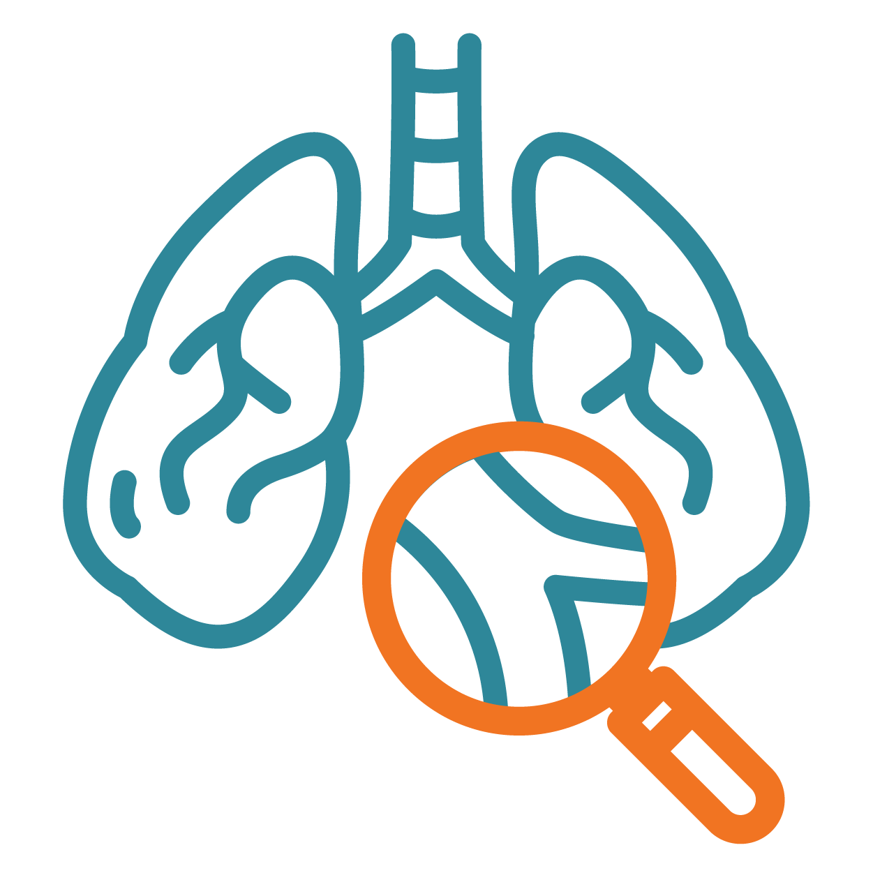 Icon showing a magnifying glass over a pair of lungs.
