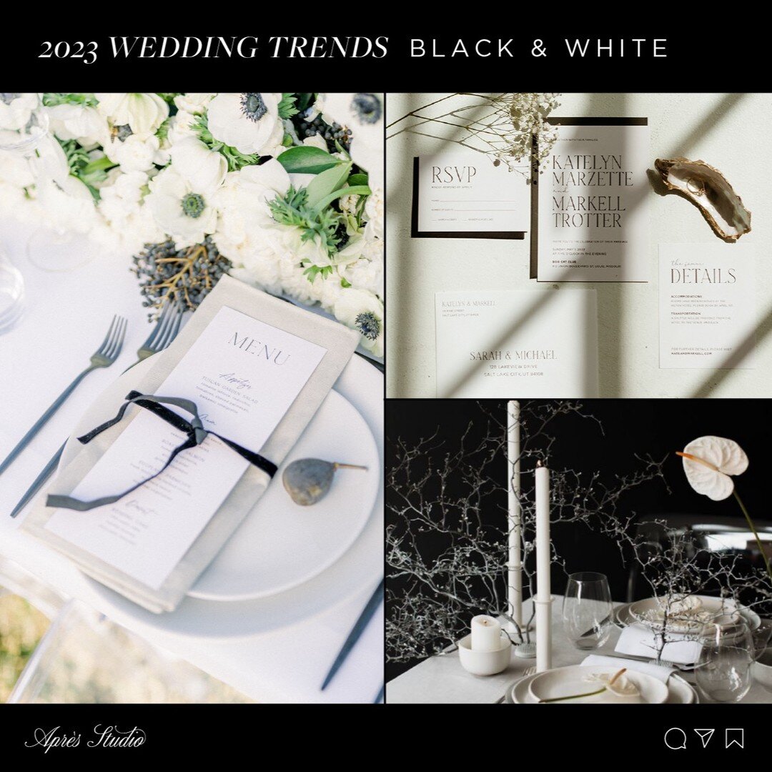 DAY 6: BLACK &amp; WHITE
Our number 1 request from couples lately? Black envelopes. We&rsquo;re all about taking a classic color combination and giving it a new look with black envelopes, white ink, bold fonts and an edgier look, 2023 is giving the m