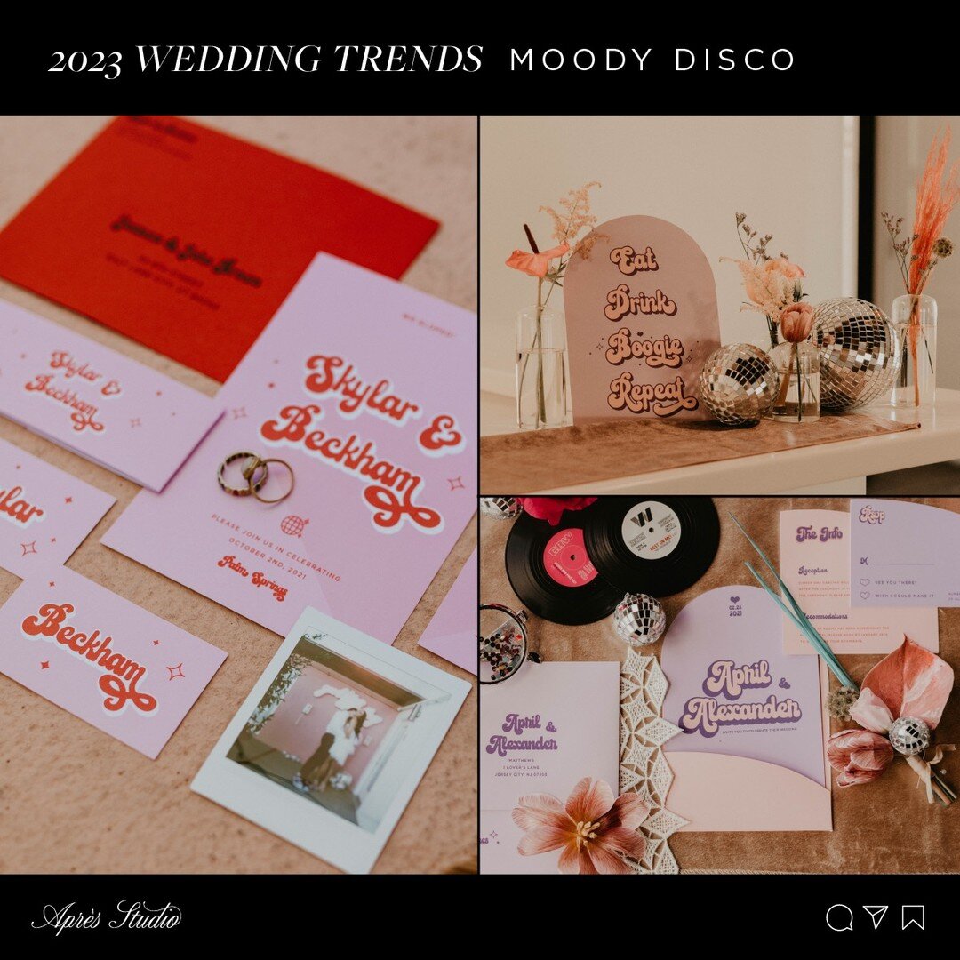 DAY 7: MOODY DISCO
Disco balls are here to stay! Still going strong heading into 2023, our couples are ready to party! Whether it&rsquo;s muted 70&rsquo;s colors or saturated brights, this trend is sure to get everyone (and we do mean everyone) ready