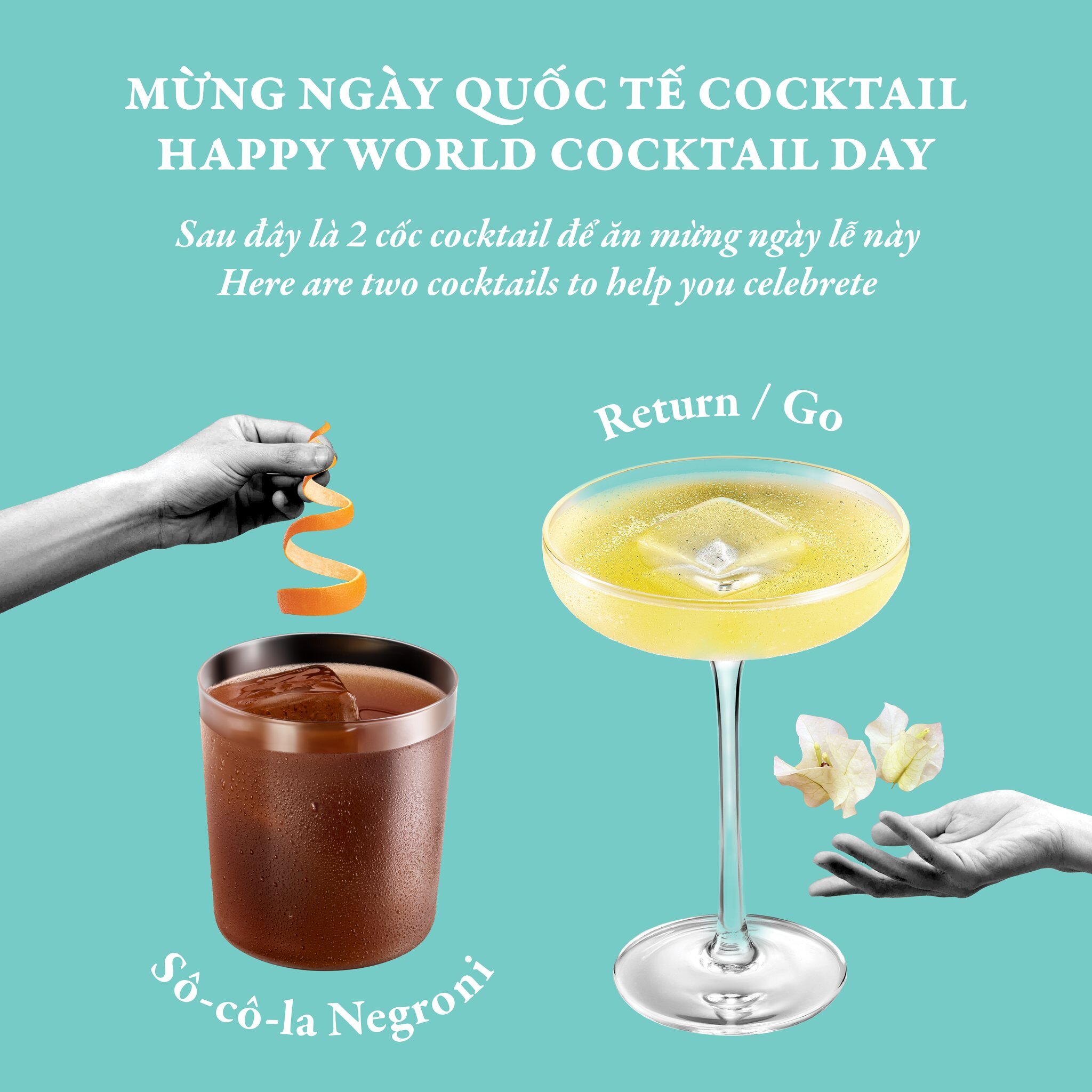 In honor of World Cocktail Day, we want to bring you two original cocktail recipes, created exclusively for Về Để Đi, to get you in the mood to celebrate.

RETURN/GO:
Good Gin: 15ml
St Germain: 15ml
Suze: 15ml
Fino Sherry: 15ml
Champagne: Top up
Meth