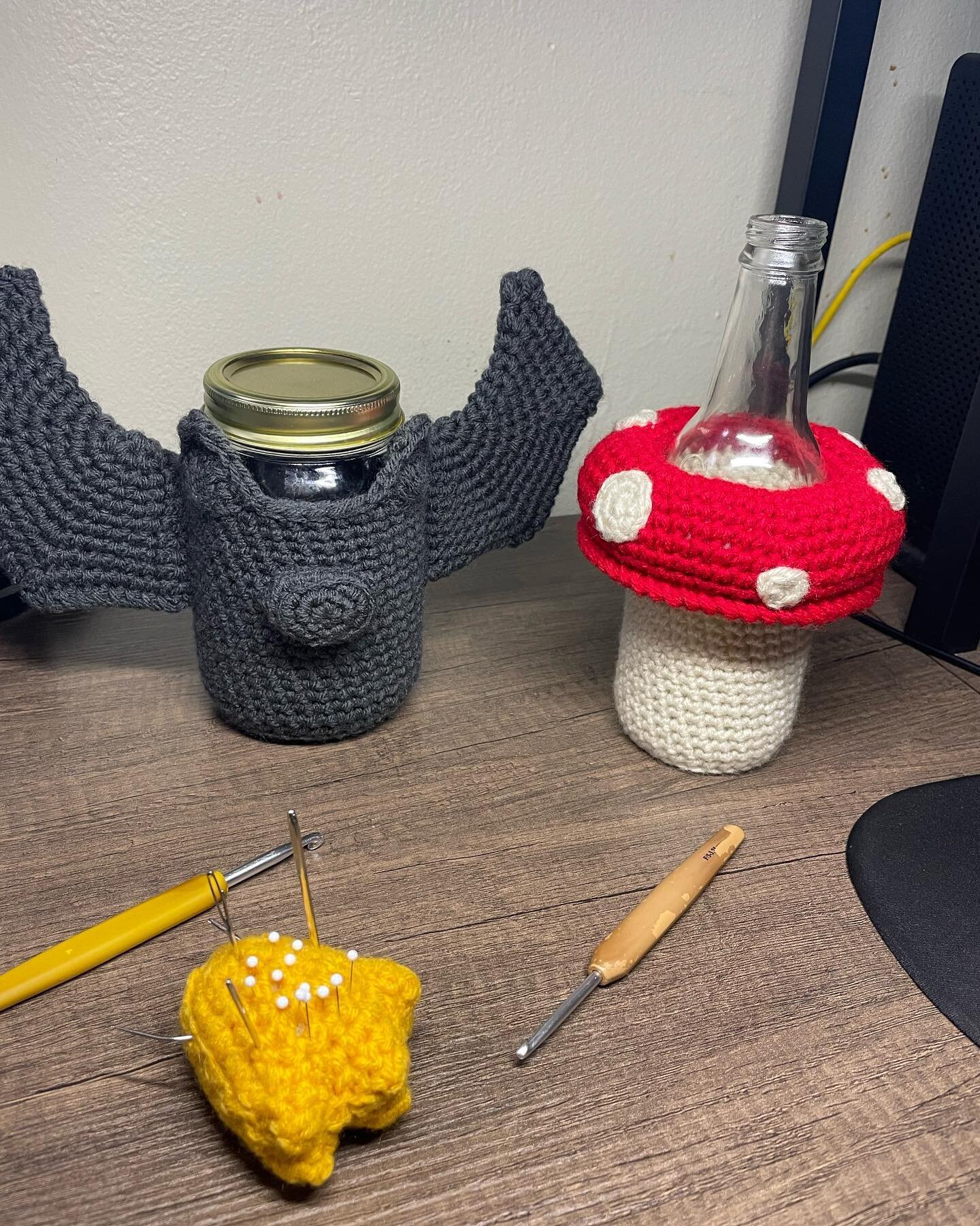 Another commission down! Getting closer to some exciting news! Featuring my penguin foot pin vision and &ldquo;well loved&rdquo; hooks😂 #crochet #crochethooks #crochetcommission #crochetaddict #crochetcozy #mushroom #bat #themixingpot