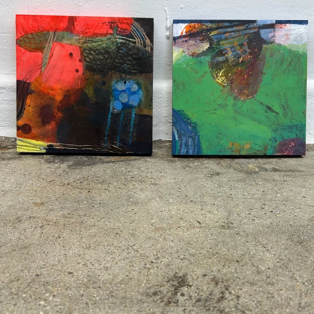 My paintings undergo many transitions as part of the process. The action of traveling through unfamiliar territory allow for discoveries while building rich layers of textures and substance.  10&quot; paintings on wood.