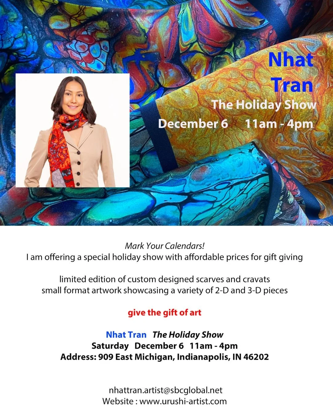 My artist friend Nhat Tran is having a Holiday show next Saturday. She has a variety of creative offerings that are truly unique and beautiful. So, swing by her studio on Dec. 6th. Her studio location shares the same parking lot as midland Arts and A