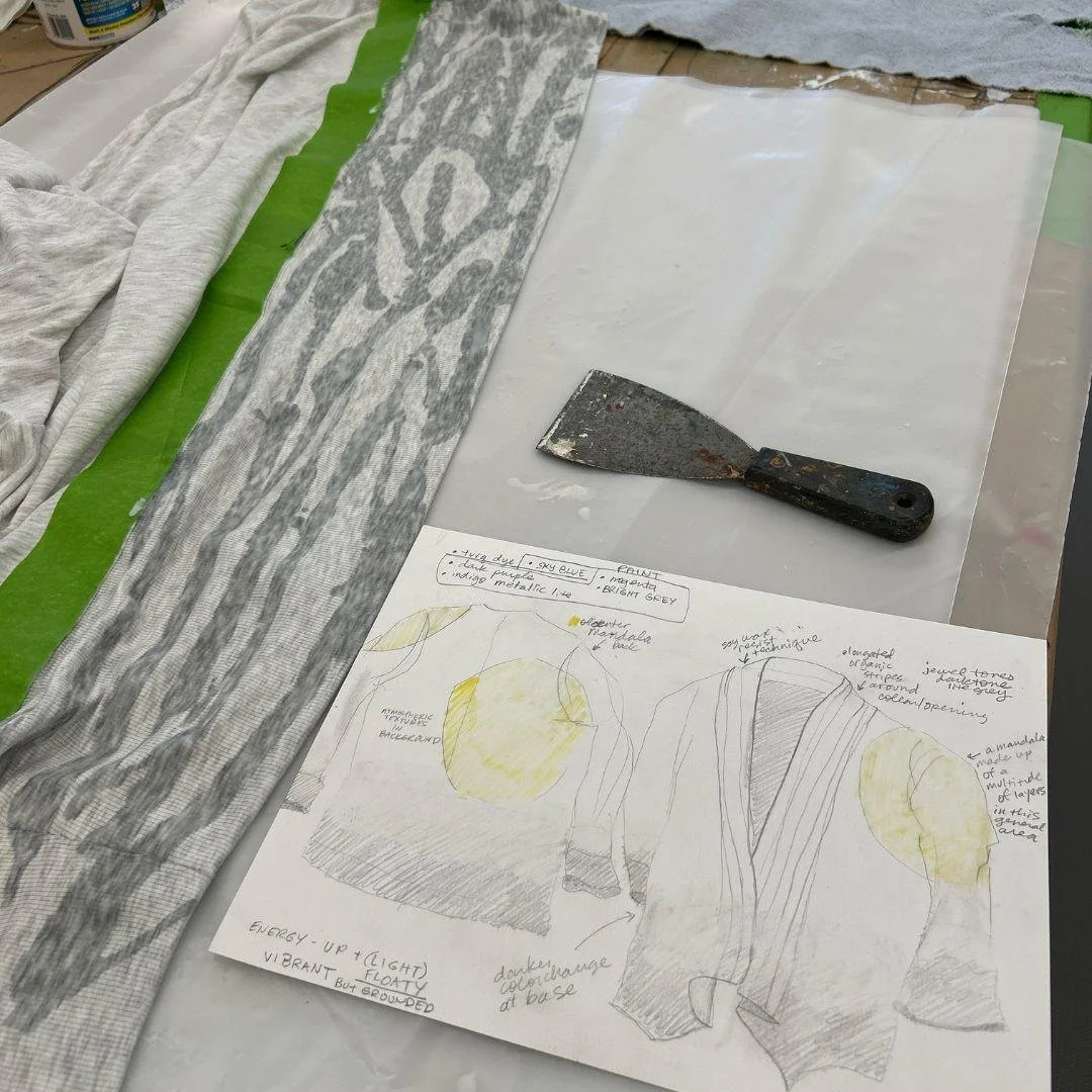 I've been excited about transforming this light grey tunic into a vibrant expression for a theater arts instructor. Started with a soy wax resist around the collar, so when dyed, the lighter color is preserved, giving a standout organic pattern. The 