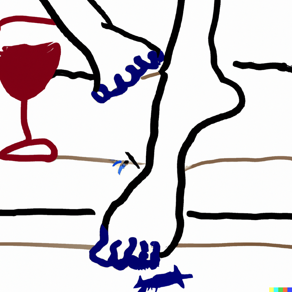 DALL·E 2023-08-20 22.46.17 - kids style drawing of person stubbing toe on the leg of a white couch while holding red wine. make the feet large and weirdly detailed. but keep the r.png