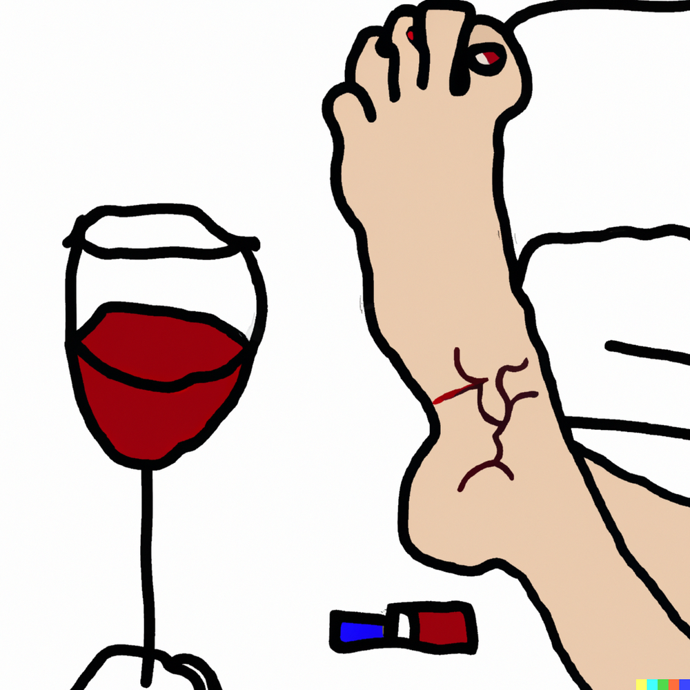 DALL·E 2023-08-20 22.46.26 - kids style drawing of person stubbing toe on the leg of a white couch while holding red wine. make the feet large and weirdly detailed. but keep the r.png