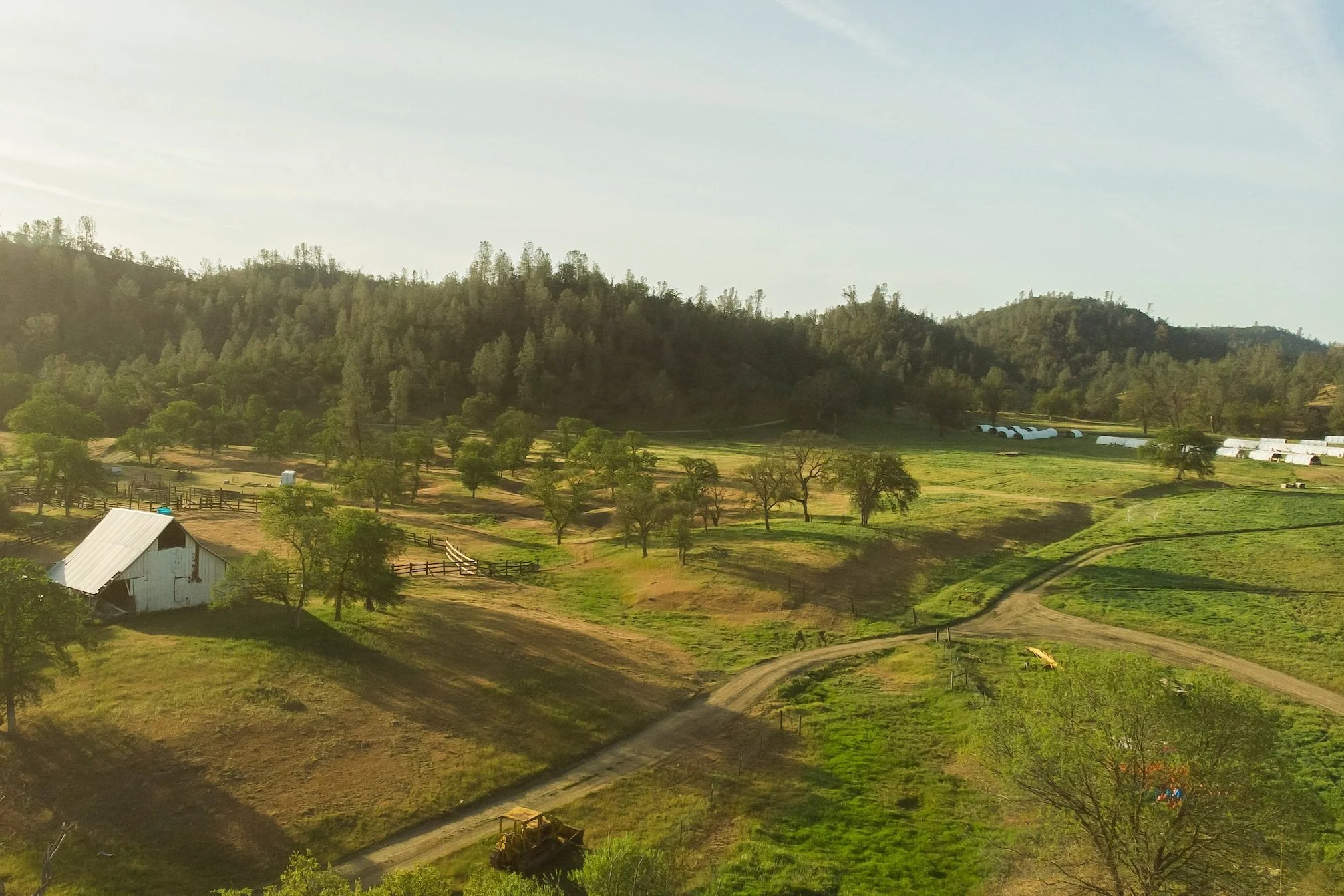 A scenic view of a rural farm landscape with rolling green hills, scattered trees, a small white barn with a metal roof, dirt roads, and distant greenhouses, with mountains in the background and clear sky.