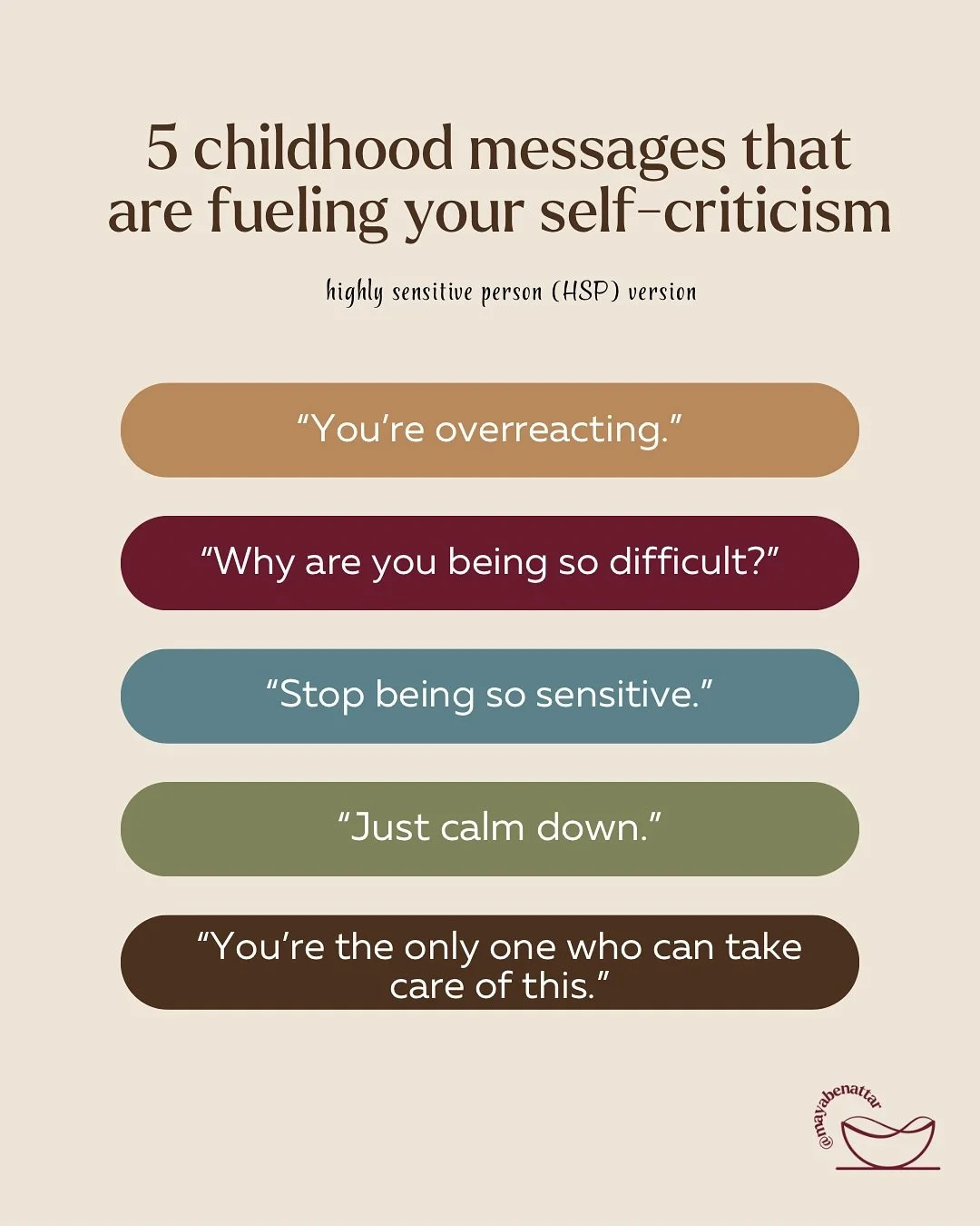 That harsh inner voice? It didn&rsquo;t start with you. 💔
Here are 5 childhood messages that may be fueling your self-criticism &mdash; and it&rsquo;s okay to outgrow them now. 🌱💛 

#BeGentleWithYou #HealingOldWounds #InnerKindness #highlysensitiv