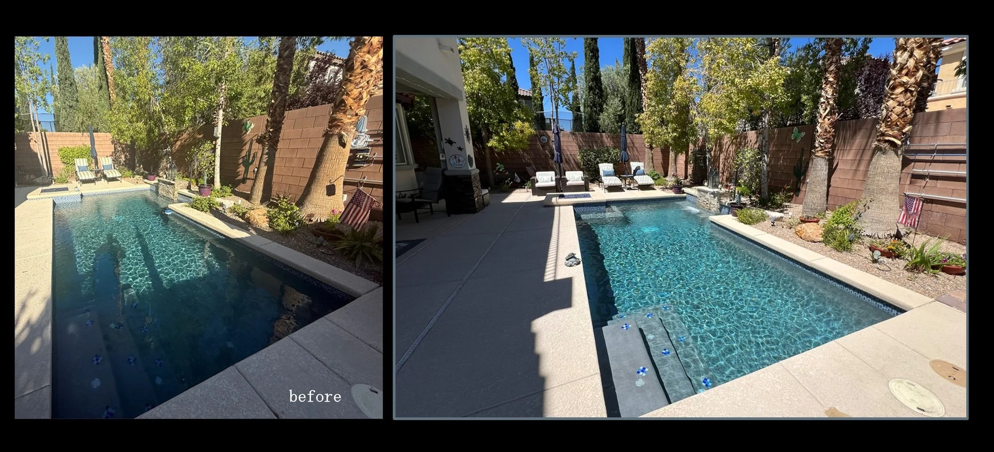 Swimming pool remodel in Summerlin, refinished interior with Pebble Fina, replaced stone on raised bond beam and replaced salt system.