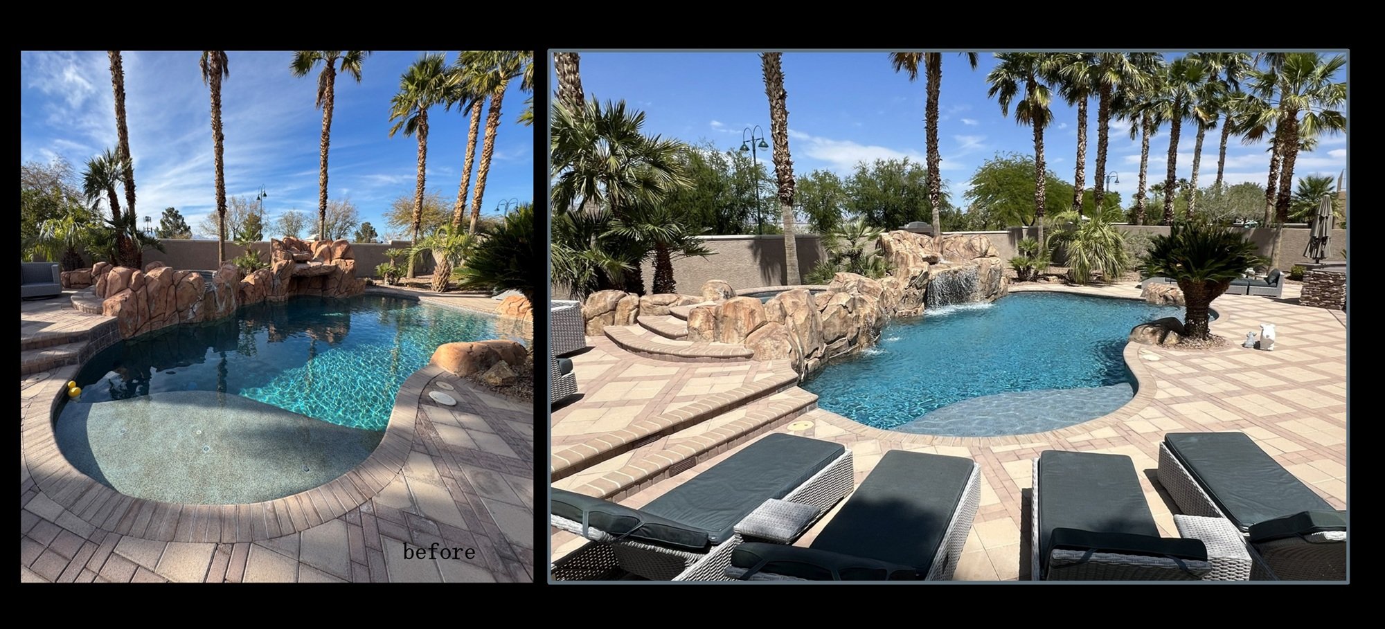 Custom lagoon style pool remodel in Seven Hills, Nevada with new PebbleTec interior finish, bead blast waterline tile and repaired rock waterfall and rock features.