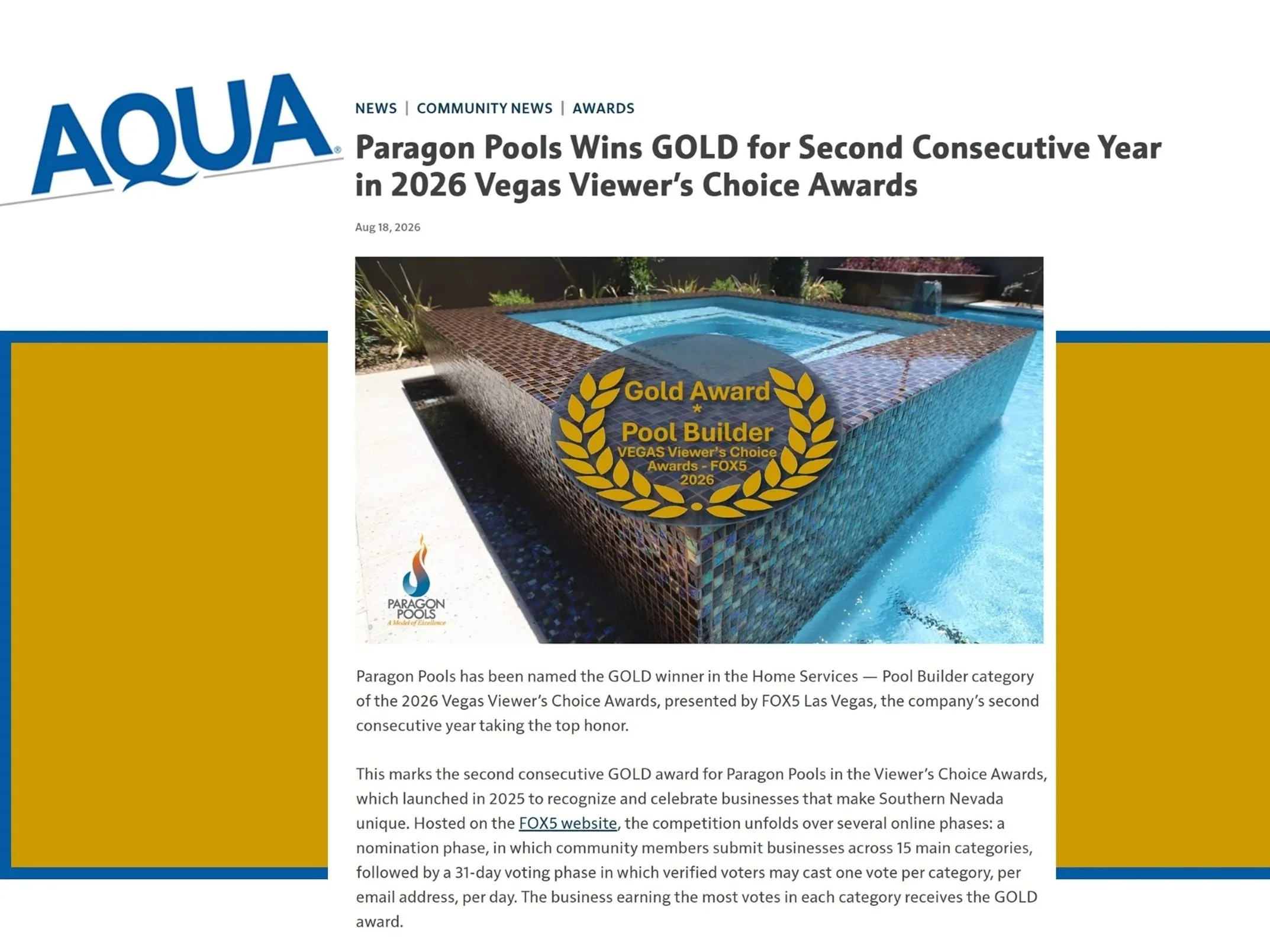 Pool Industry Publication AQUA  Magazine features Paragon Pools' GOLD Vegas Viewers Choice Award in online newsroom