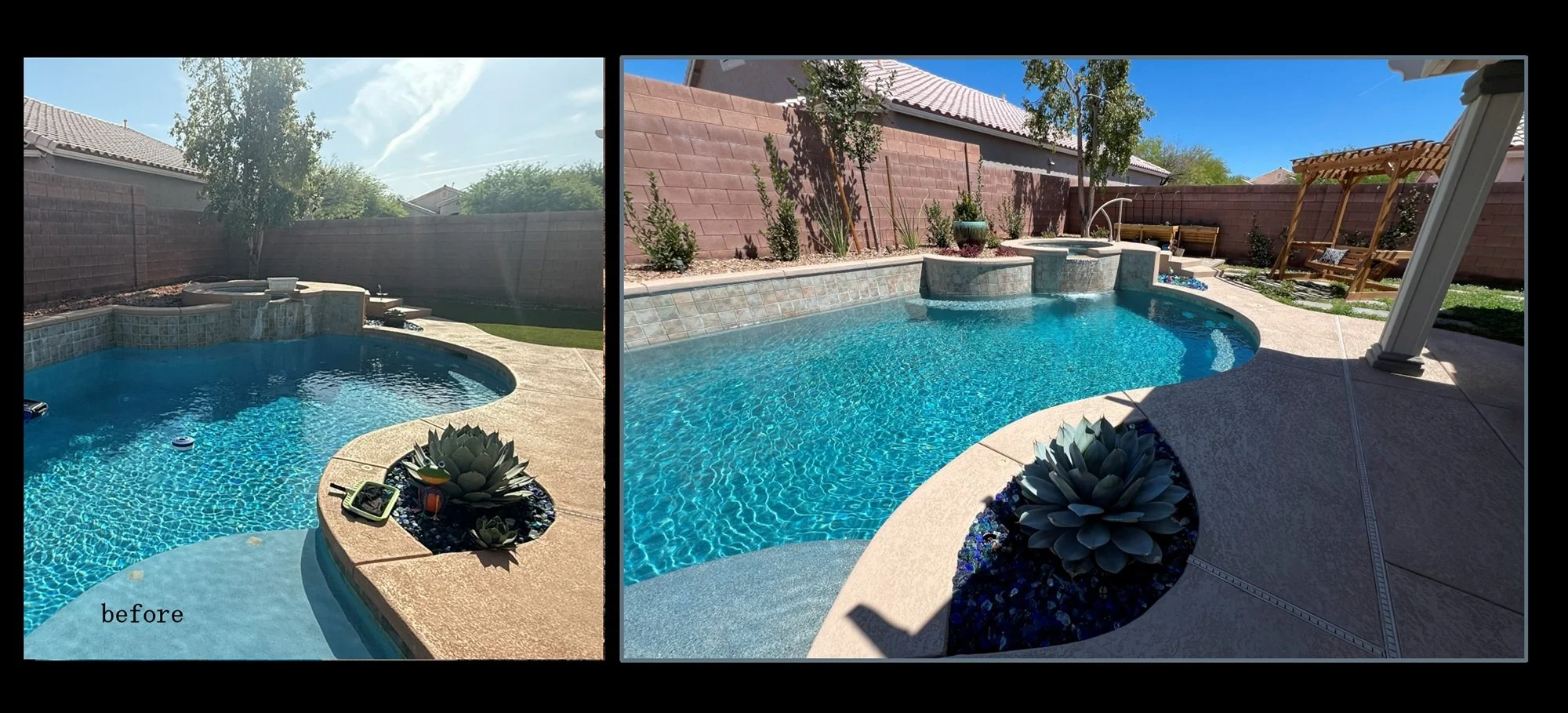 Custom pool and spa remodel in North Las Vegas, refinished interior finish, replaced lights with LED lights, bead blasted and regrouted tile.