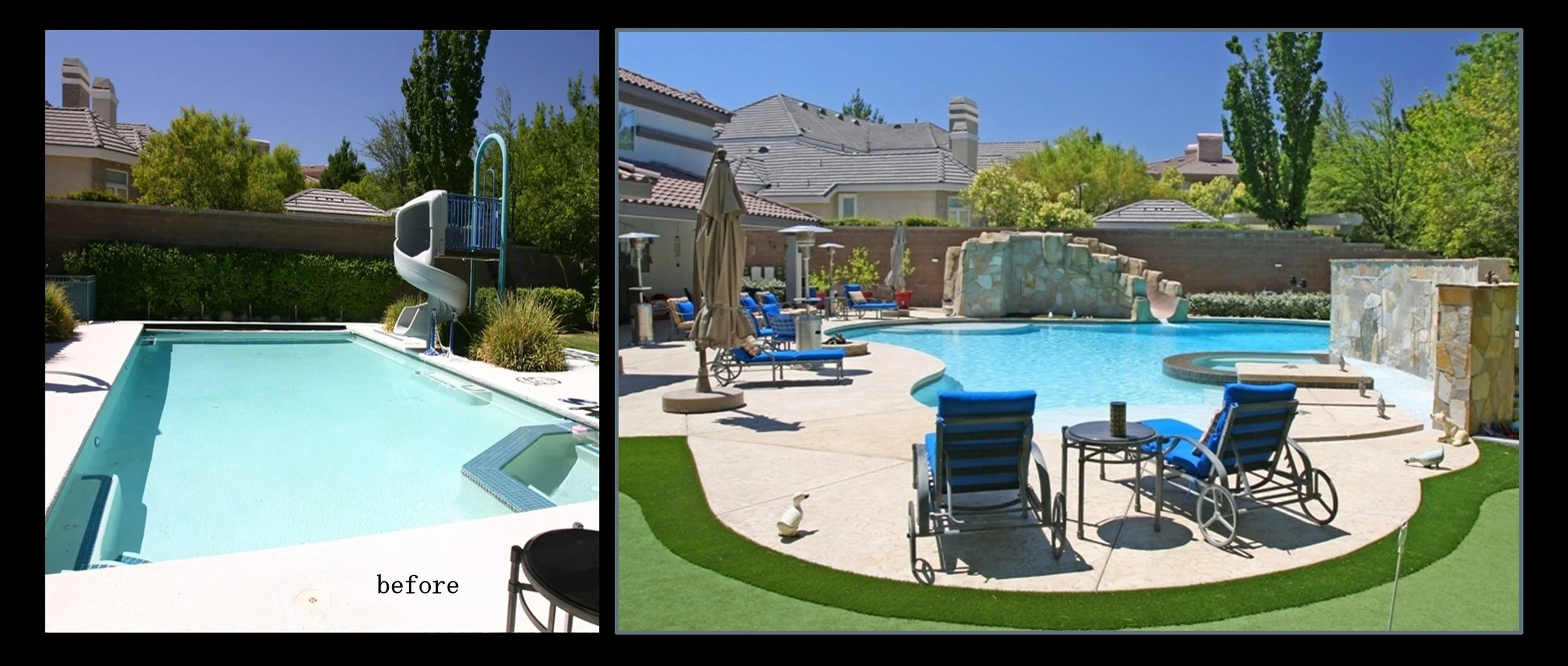 Major pool and spa remodel, Paragon Pools removed the existing pool, spa and slide and constructed a new pool, spa with a large privacy- accent wall and floating steps and a new slide in Summerlin.