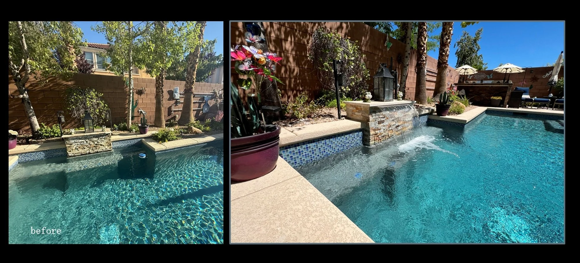 Swimming pool remodel in Summerlin Las Vegas, refinished interior with Pebble Fina, replaced stone on raised bond beam, hooked up sheer descent and replaced salt system.