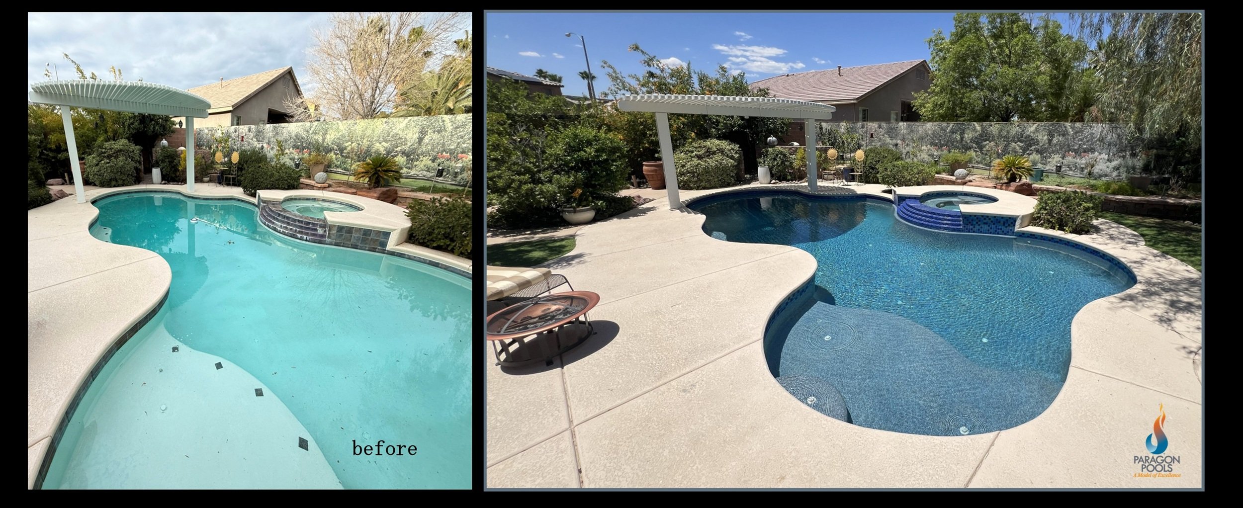 Custom swimming pool remodel of a 20-year old freeform pool and raised spa in North Las Vegas. New tile and new interior finish.