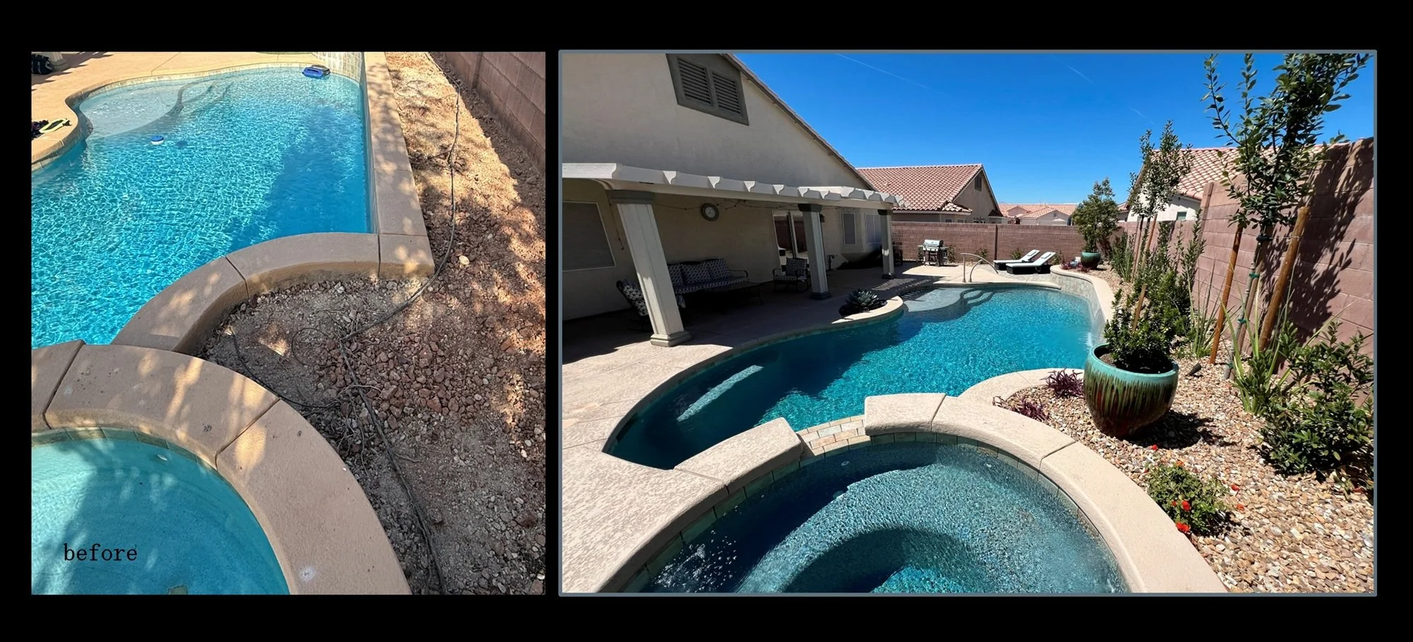 Custom pool and spa remodel in North Las Vegas, refinished interior finish with Pebble, replaced lights with Jandy watercolors LED lights, bead blasted tile and regrouted tile.