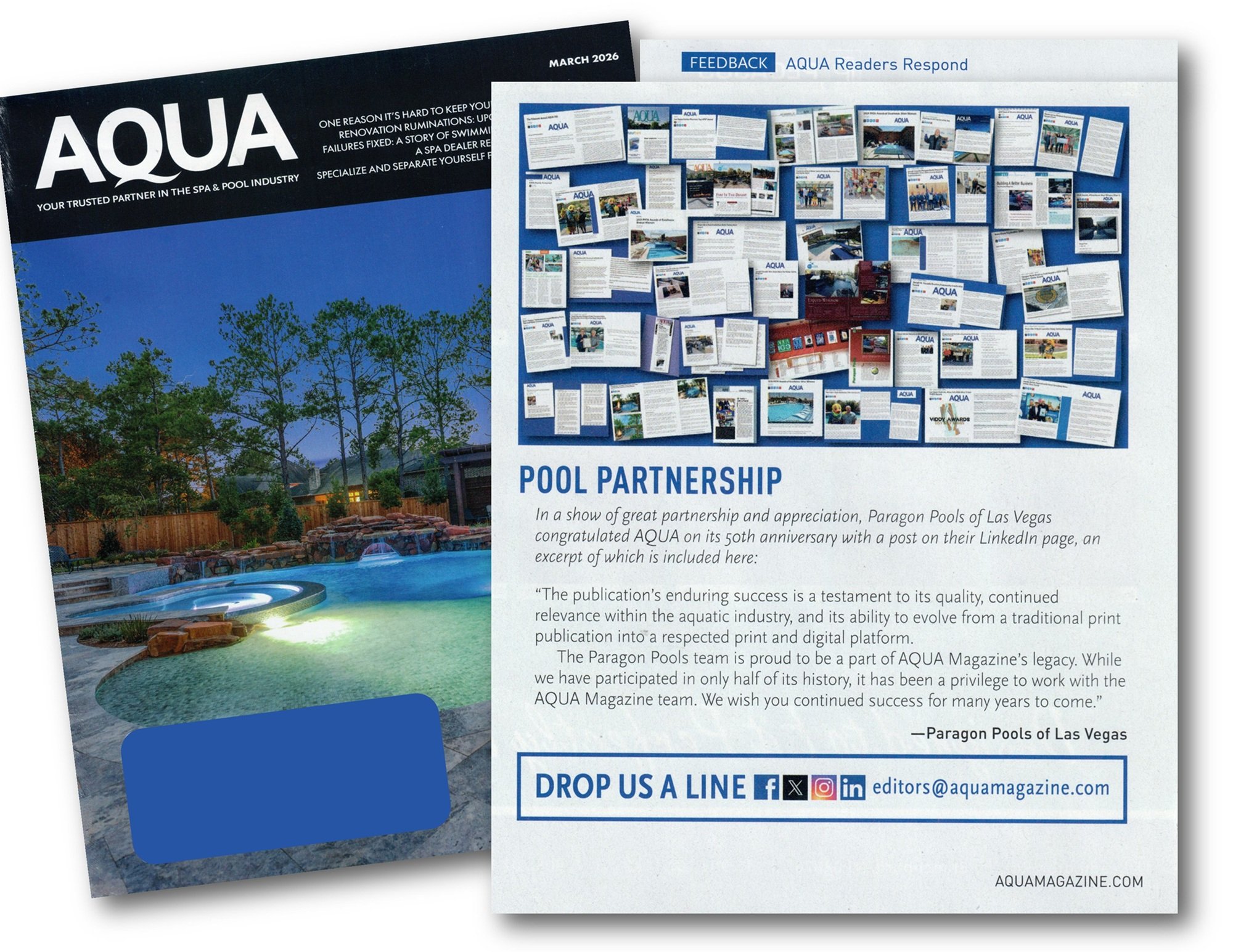 Aqua Magazine - March 2026 issue: Feedback column, a nod to our post on LinkedIn wishing them happy anniversary.