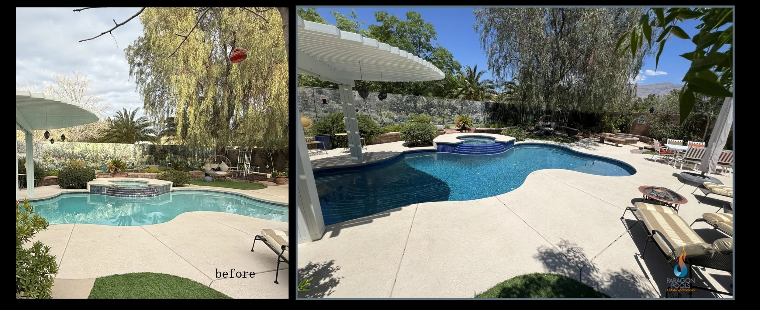 Custom swimming pool remodel of a 20-year old freeform pool and raised spa in North Las Vegas. New glass tile and new pebble interior finish.