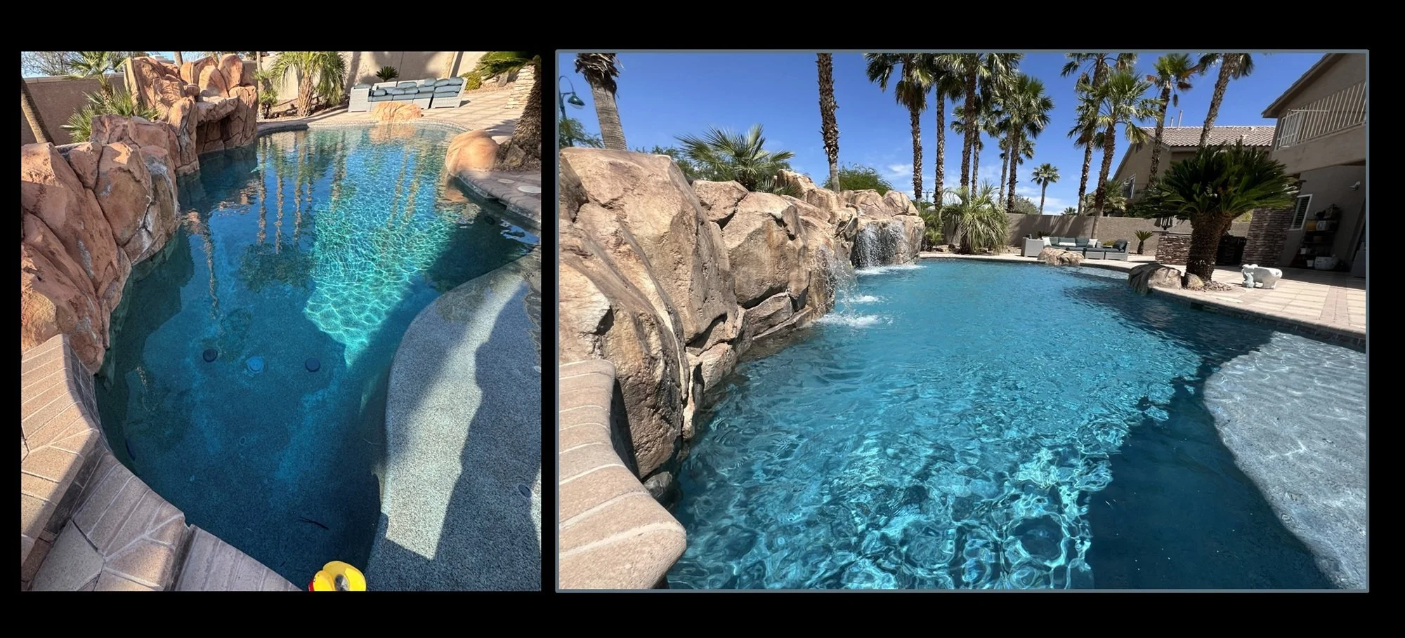 Custom swimming pool remodel in Seven Hills, new pebble interior finish, bead blast waterline tile and repaired rock waterfall and rock features.