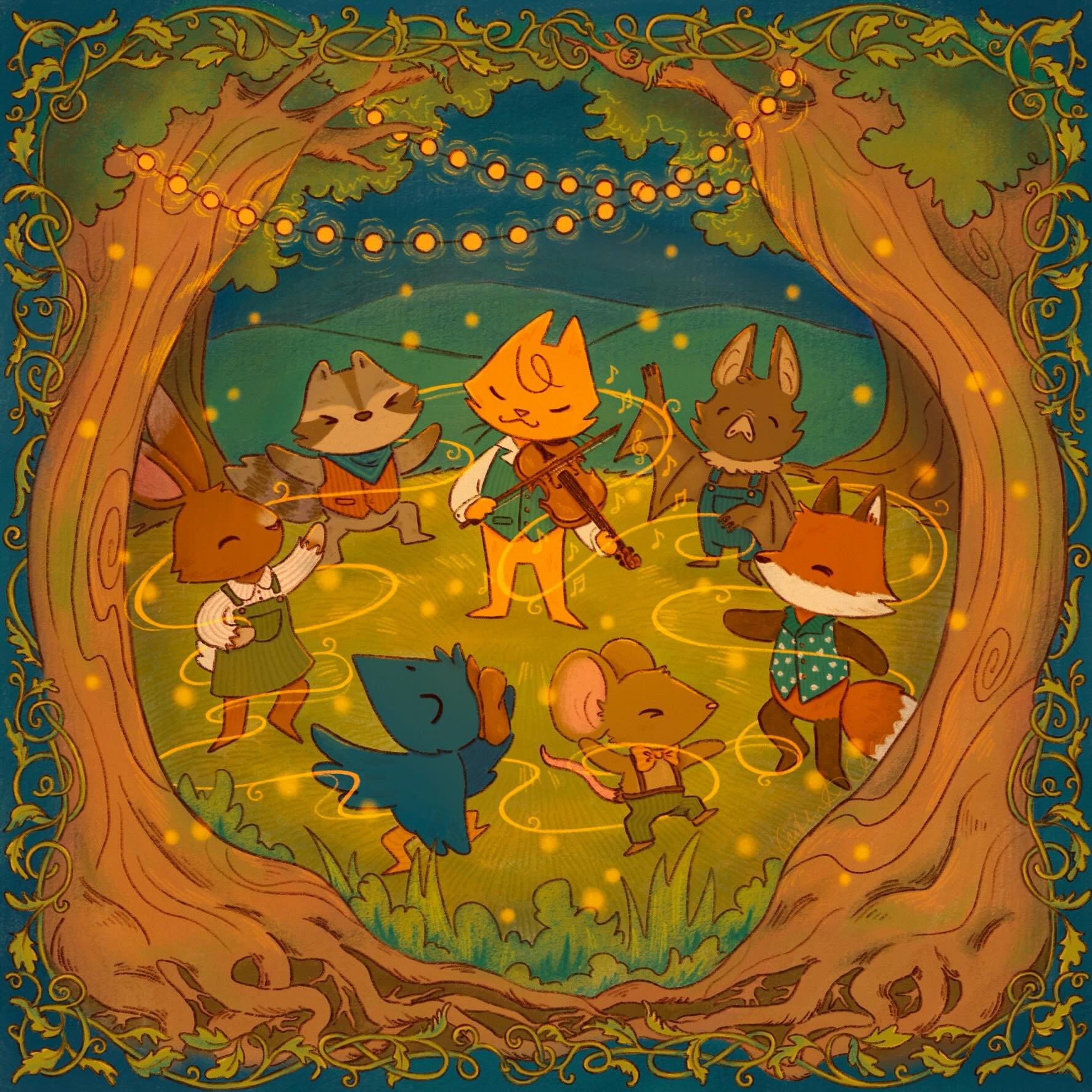 summer nights in the forest glen full of enchanting fiddle music and little forest creatures dancing among the firefies ✨ 
 
this is may's mail rewards for pa🌳eon! anytime this month you can sign up to get this print and a matching sticker sent in t