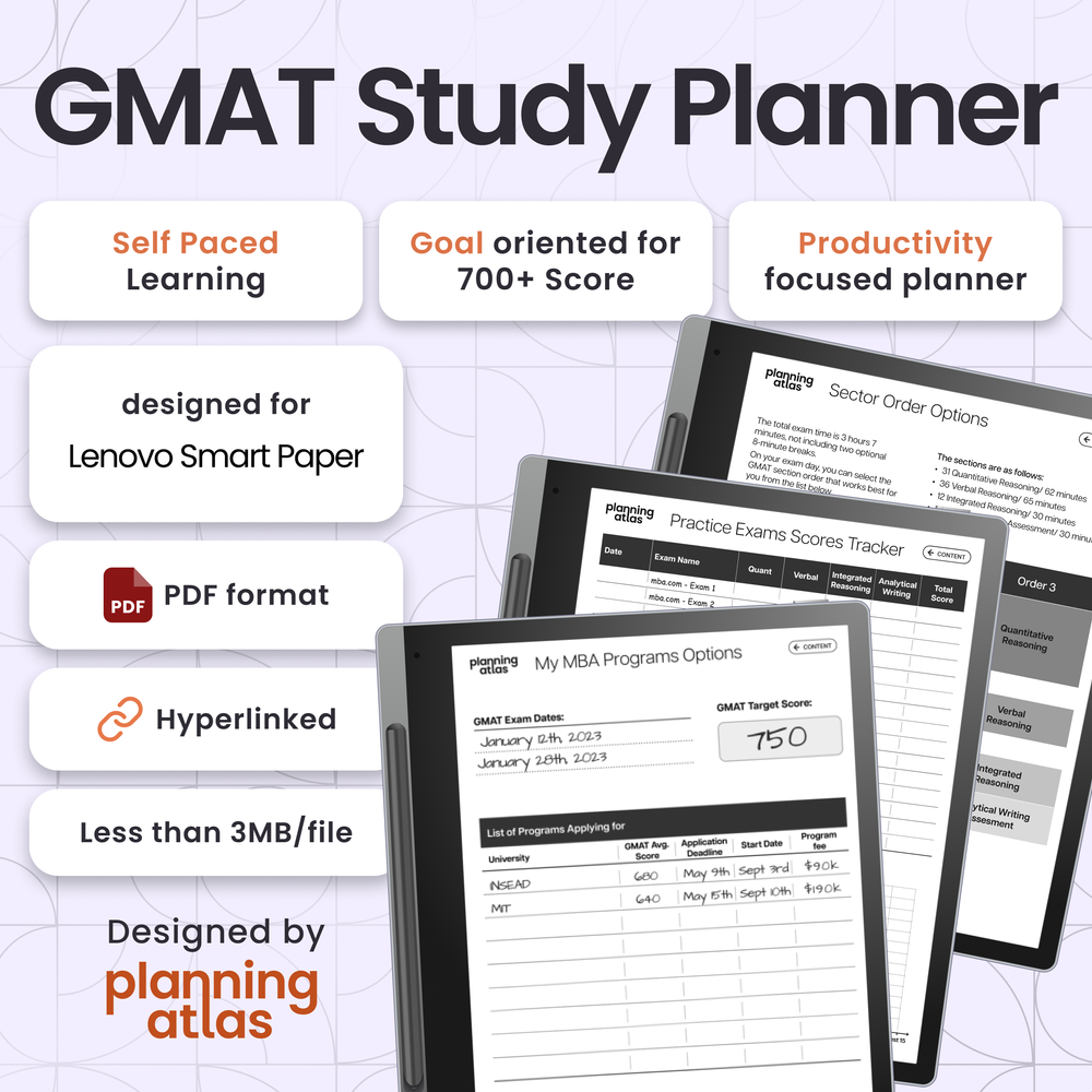 Lenovo Smart Paper GMAT Exam Study Planner and Tracker, vertical,  hyperlinked — Planning Atlas