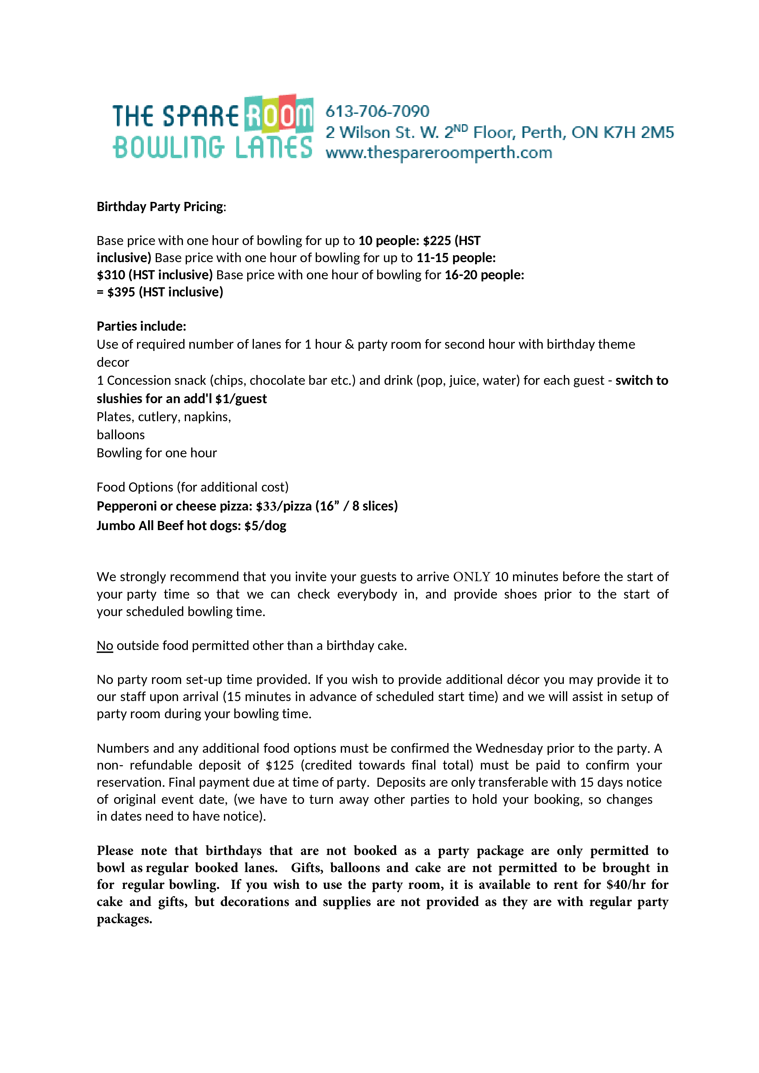 Children / Youth Birthday Party Packages