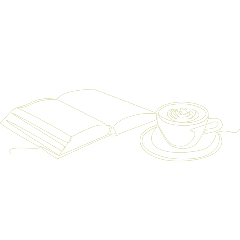 Line drawing of an open book with a cup of coffee on a saucer nearby.