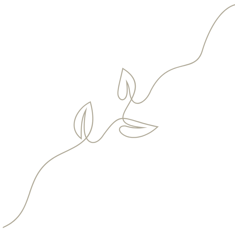 Line drawing of a face partially covered by large leaves, with a single continuous line outlining facial features and plant elements.
