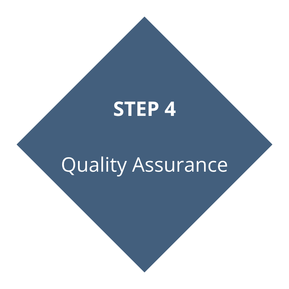 A blue diamond-shaped graphic with white text reading 'STEP 4' and 'Quality Assurance'.