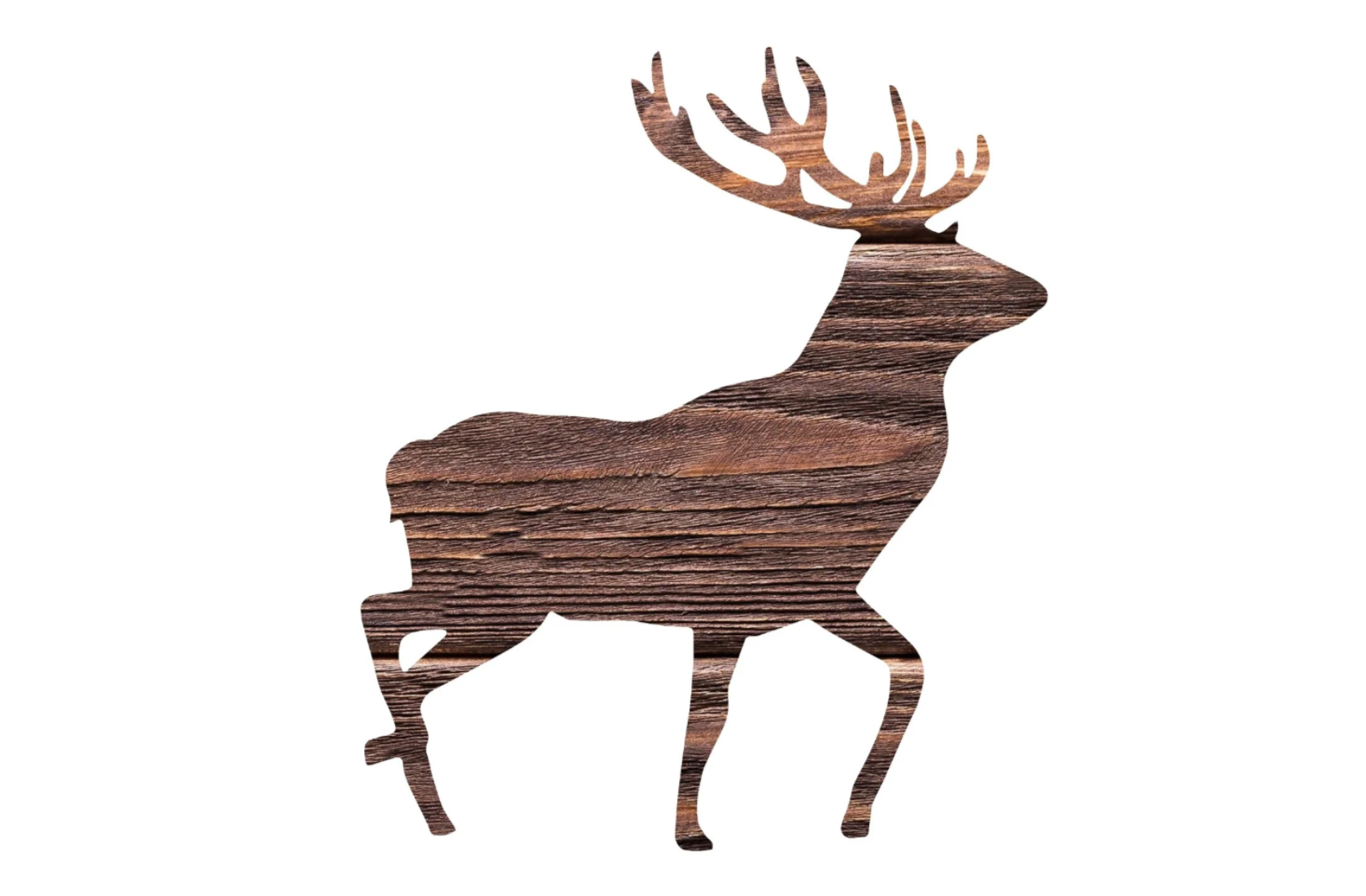 Wooden reindeer figure with antlers on a white background.
