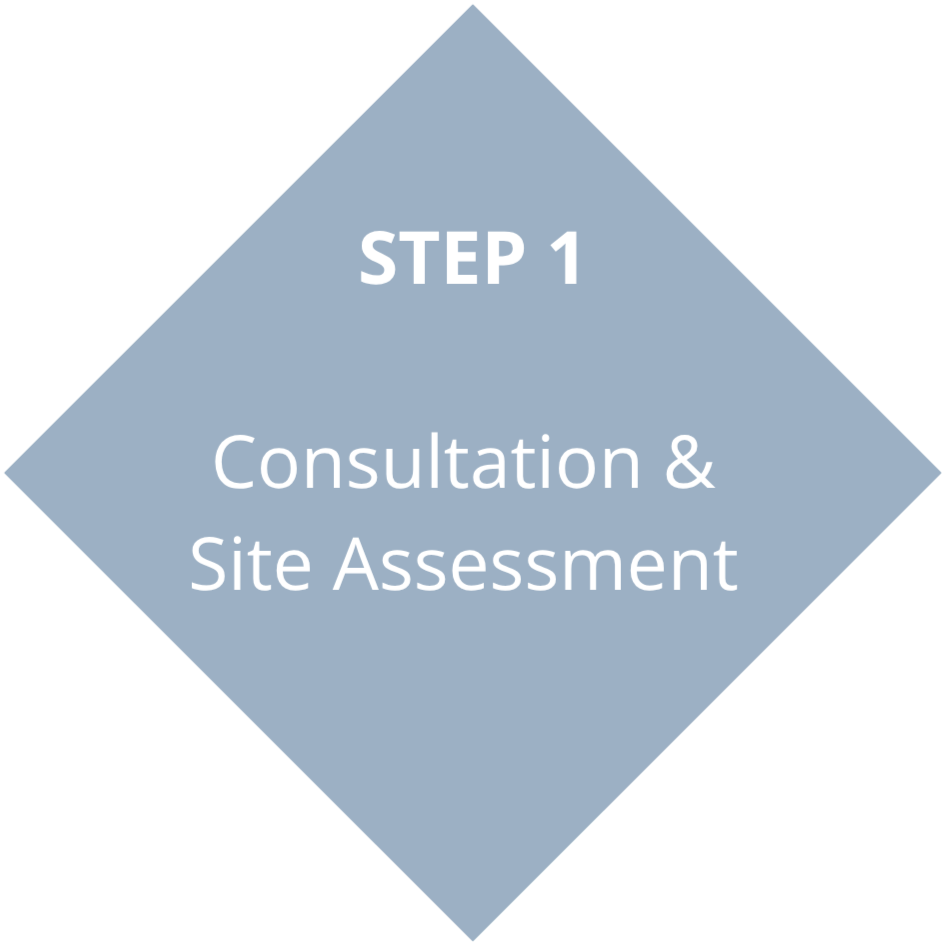 A blue diamond-shaped infographic with white text reading 'STEP 1' at the top and 'Consultation & Site Assessment' in the center.