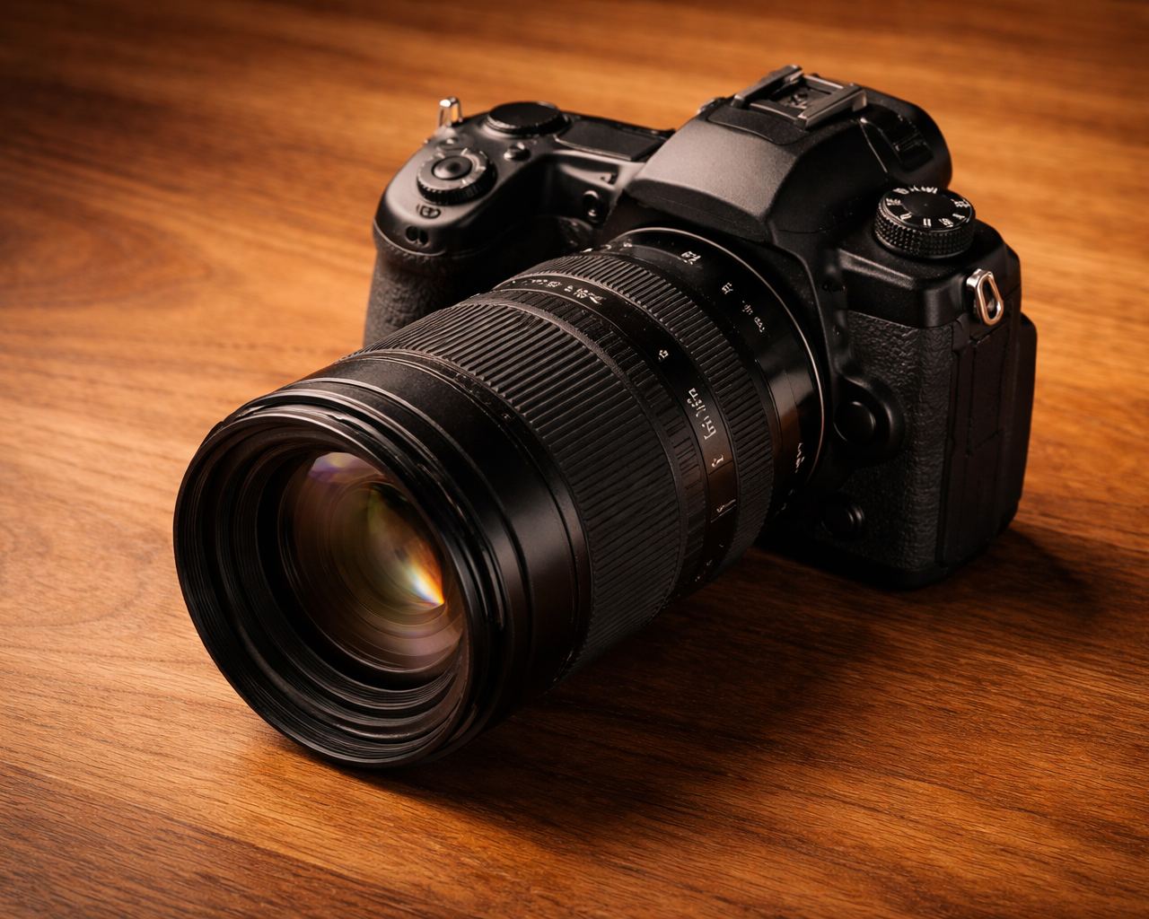 A black digital camera with a large zoom lens sitting on a wooden surface.
