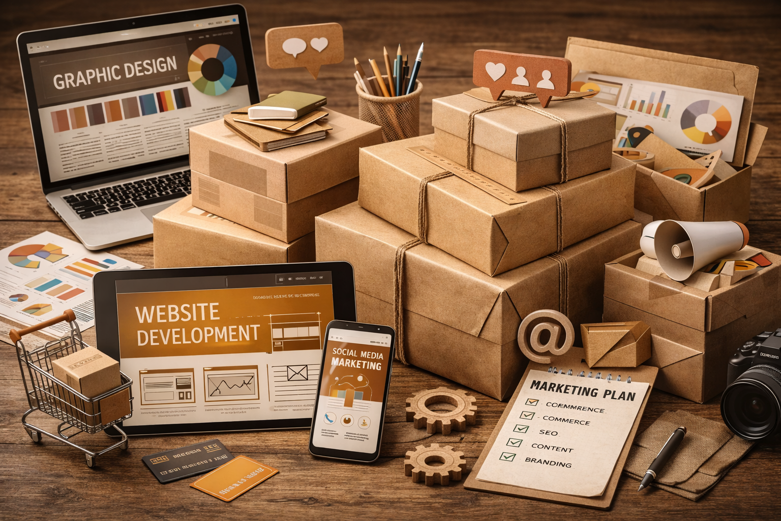 Workspace with boxes, a laptop displaying 'GRAPHIC DESIGN,' a tablet showing 'WEBSITE DEVELOPMENT,' a smartphone with 'SOCIAL MEDIA MARKETING,' marketing plan, graphics, camera, and office supplies arranged on a wooden surface.