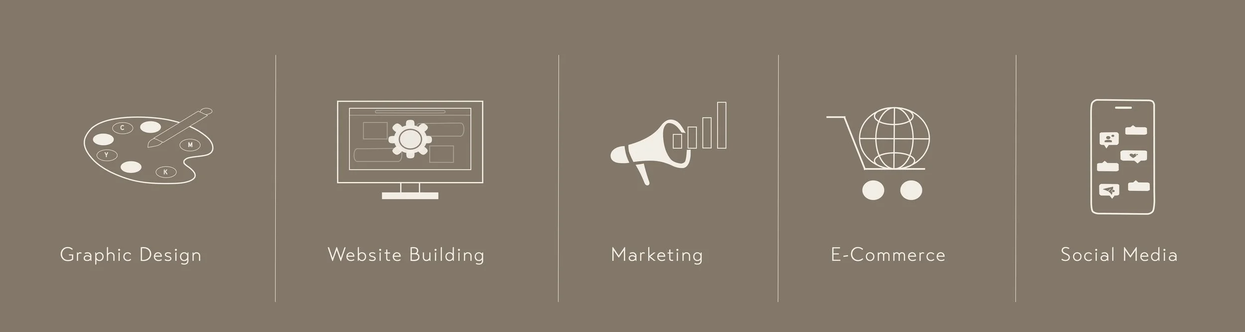 Icons representing graphic design, website building, marketing, e-commerce, and social media, with labels beneath each icon.
