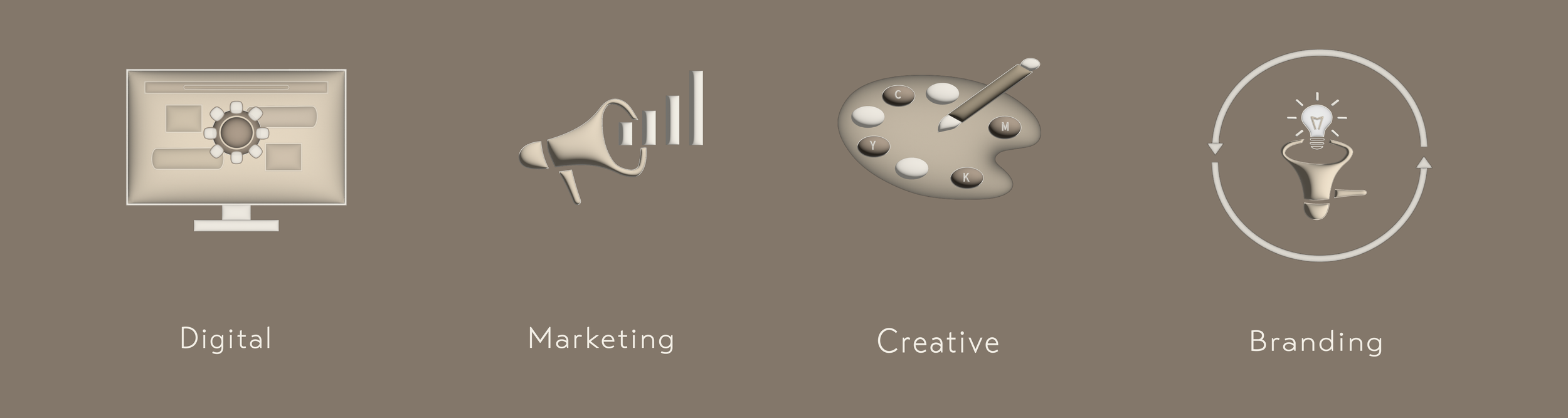 Icons representing digital, marketing, creative, and branding concepts with labels underneath.