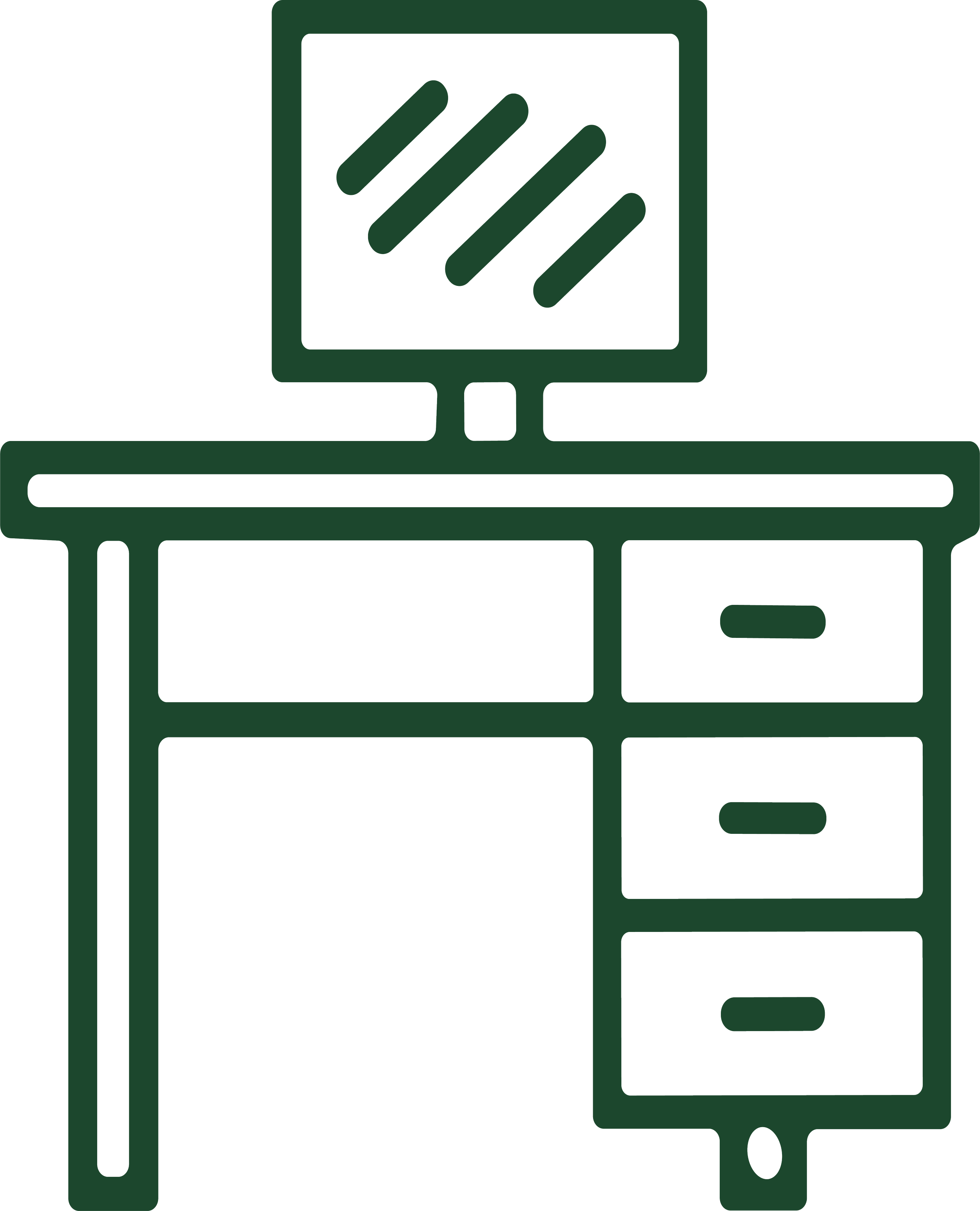 Outline drawing of a desk with a computer monitor on top, and a filing cabinet with four drawers underneath.