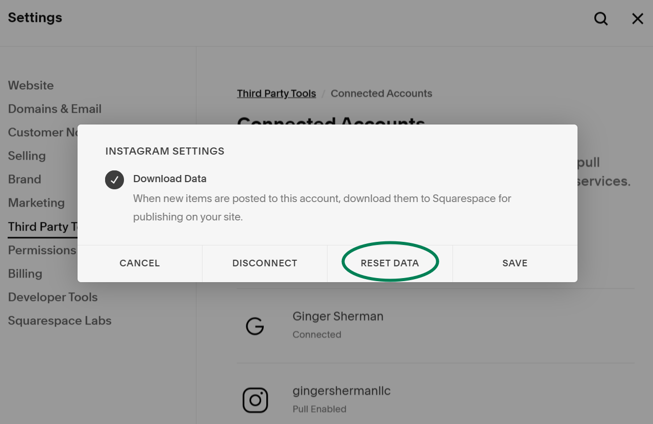 Instagram Squarespace connection settings box