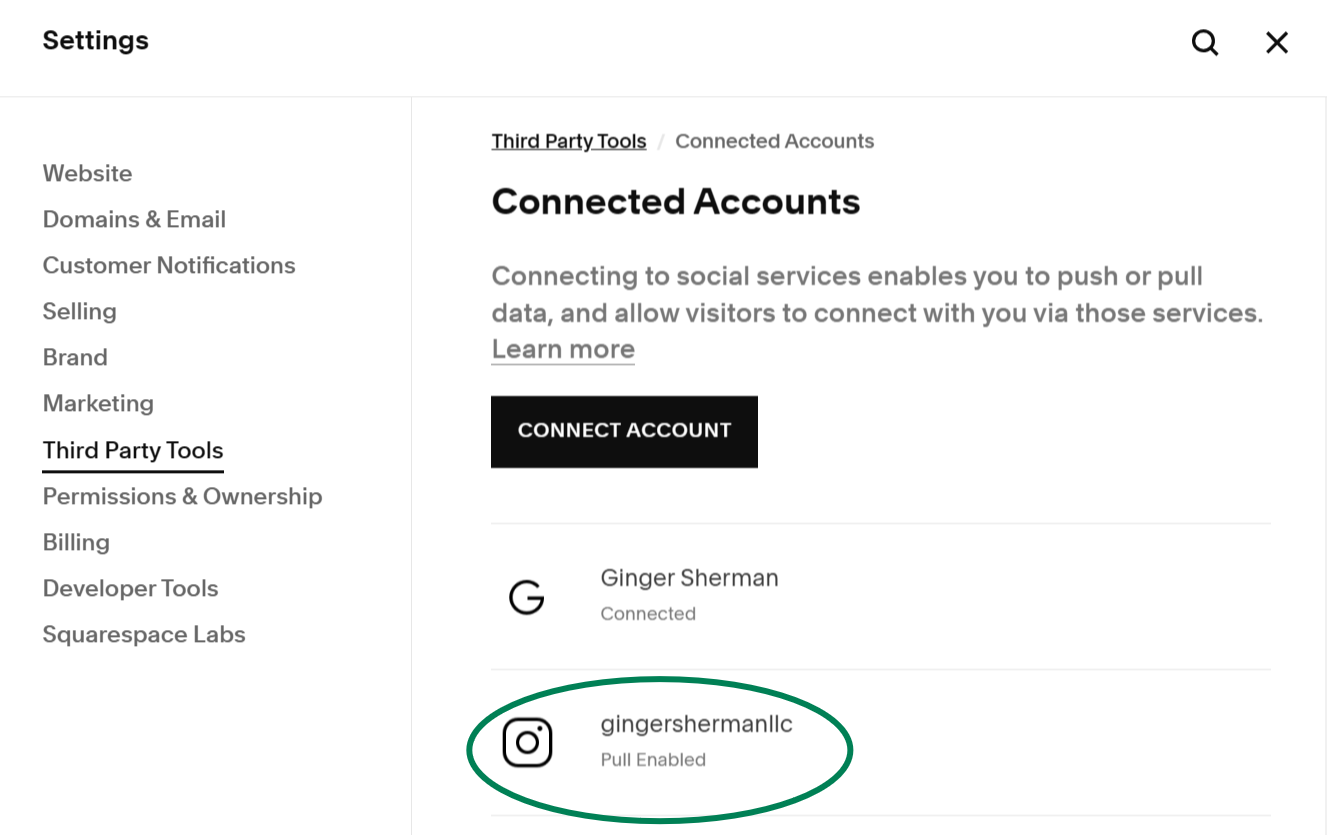 Squarespace settings Third party tools, connected accounts panel with instagram connection circled
