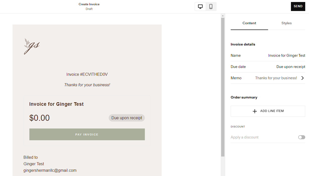Squarespace invoice settings window