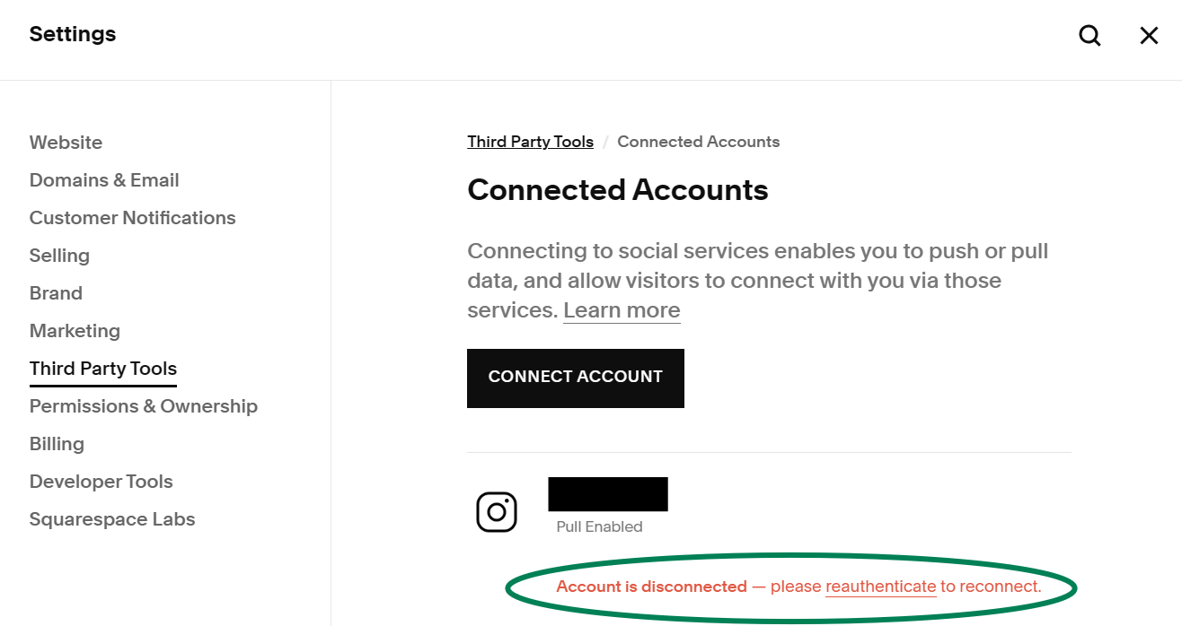 squarespace settings connected accounts panel with account disconnected message