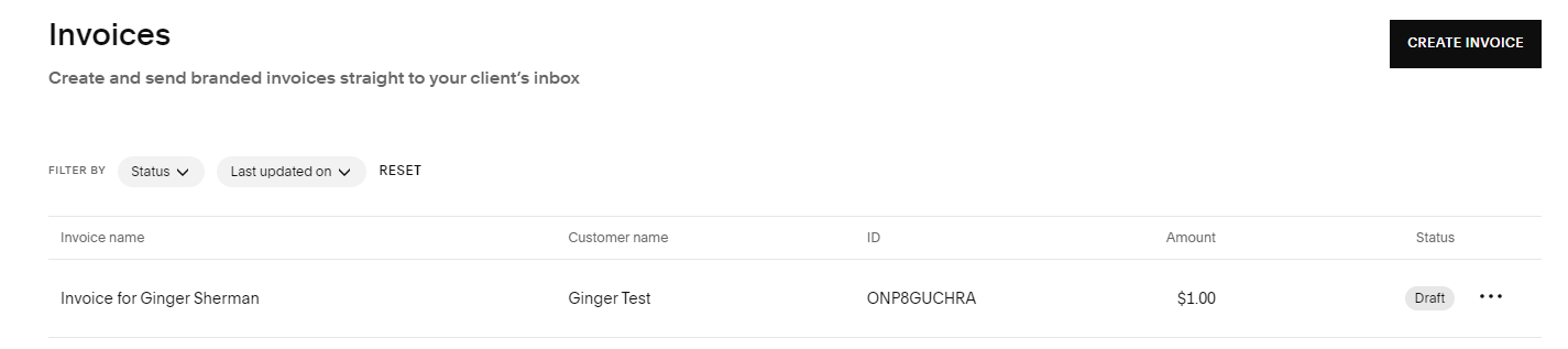 Squarespace Invoices page with invoice listed and Create Invoice button